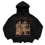 Black zip-up hoodie from Velvet Errors featuring mock design, with a front zipper and casual fit.