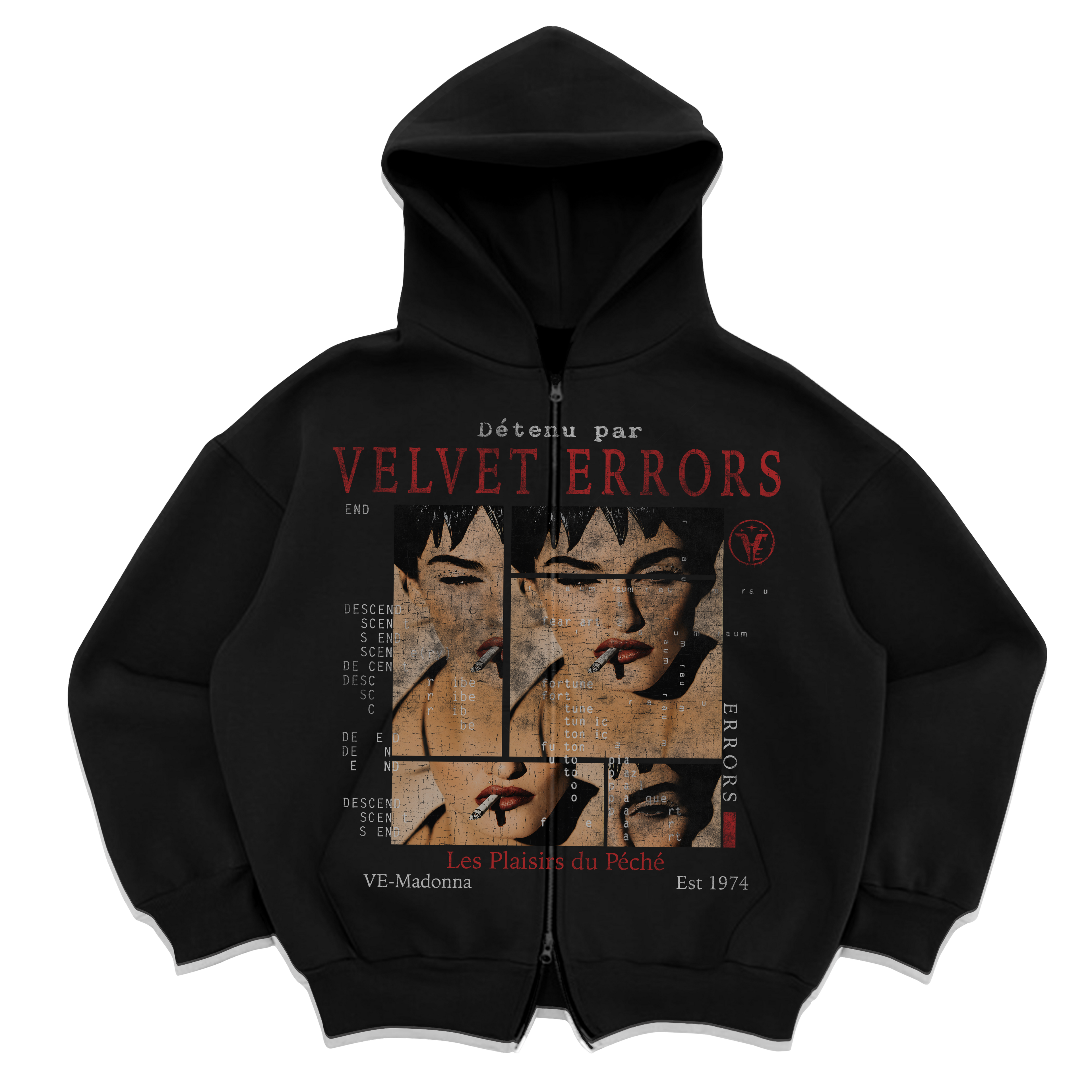 Black zip-up hoodie from Velvet Errors featuring mock design, with a front zipper and casual fit.