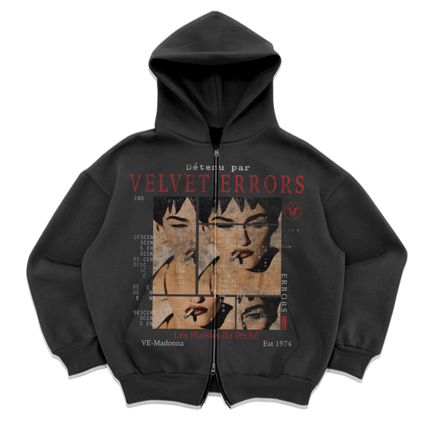 Gray zip-up hoodie by Velvet Errors featuring a mock design and a front zipper, casual and stylish for everyday wear.