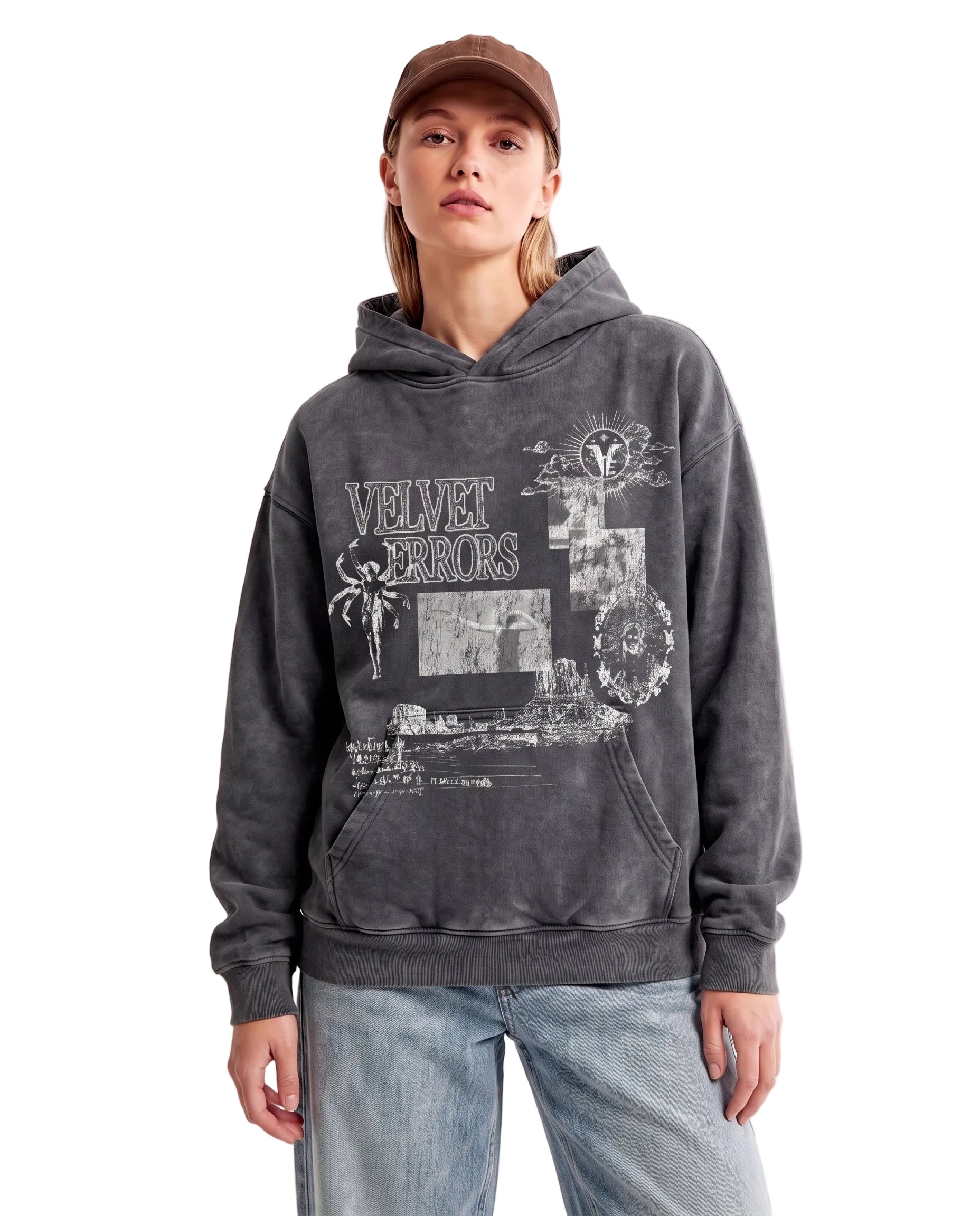 Gray Mirage Hoodie by Velvet Errors, displayed on a model in a relaxed pose showcasing the cozy fit and soft fabric.