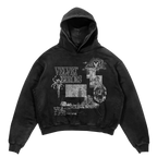 Black Mirage Hoodie by Velvet Errors, featuring a comfortable fit and stylish design, displayed on a hanger against a plain background.