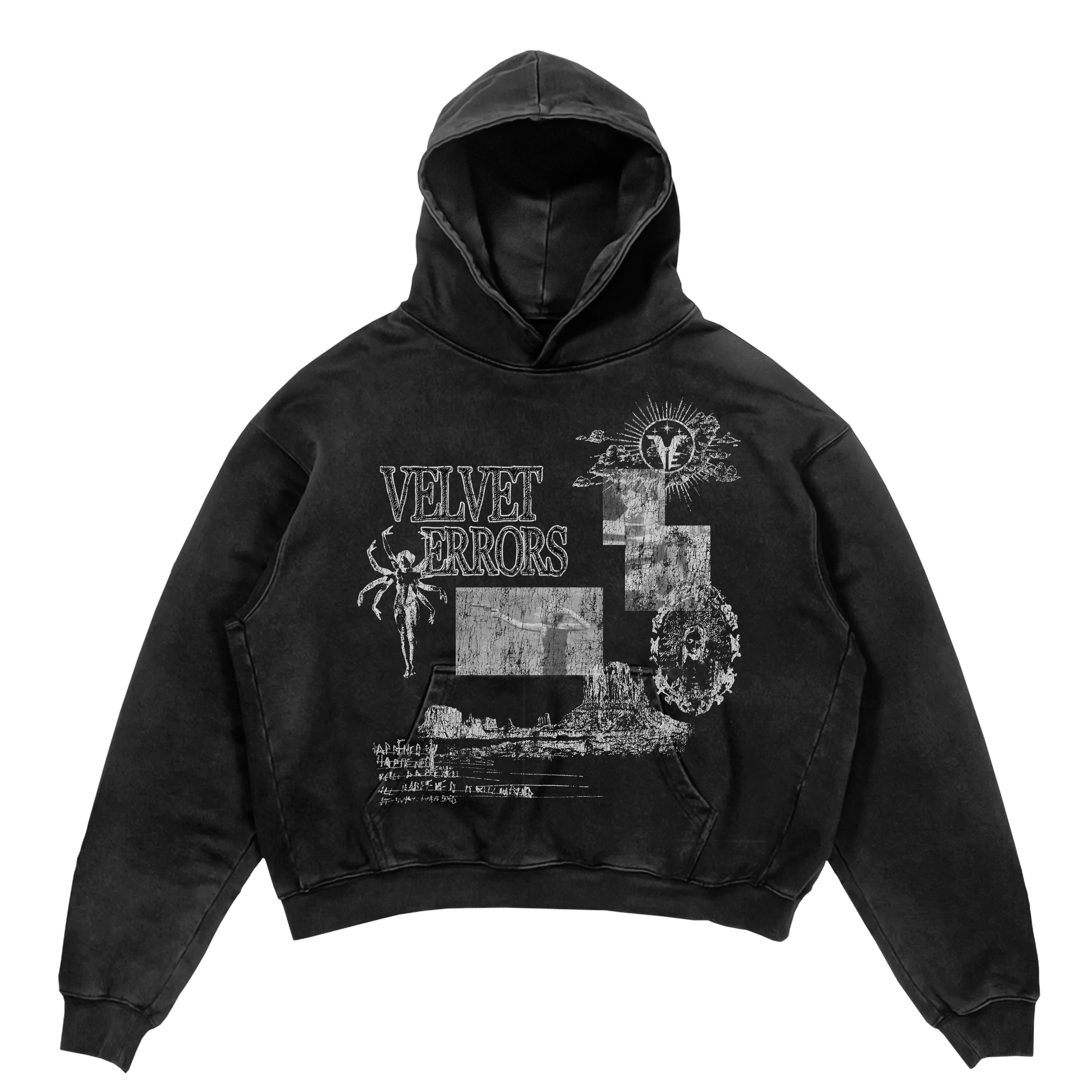 Black Mirage Hoodie by Velvet Errors, featuring a comfortable fit and stylish design, displayed on a hanger against a plain background.