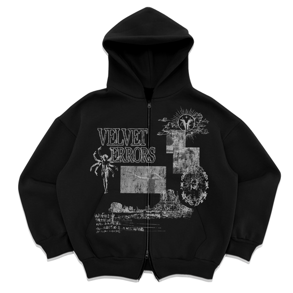 Black zip-up hoodie from Velvet Errors with a sleek mock design, featuring a front zipper and comfortable fit.