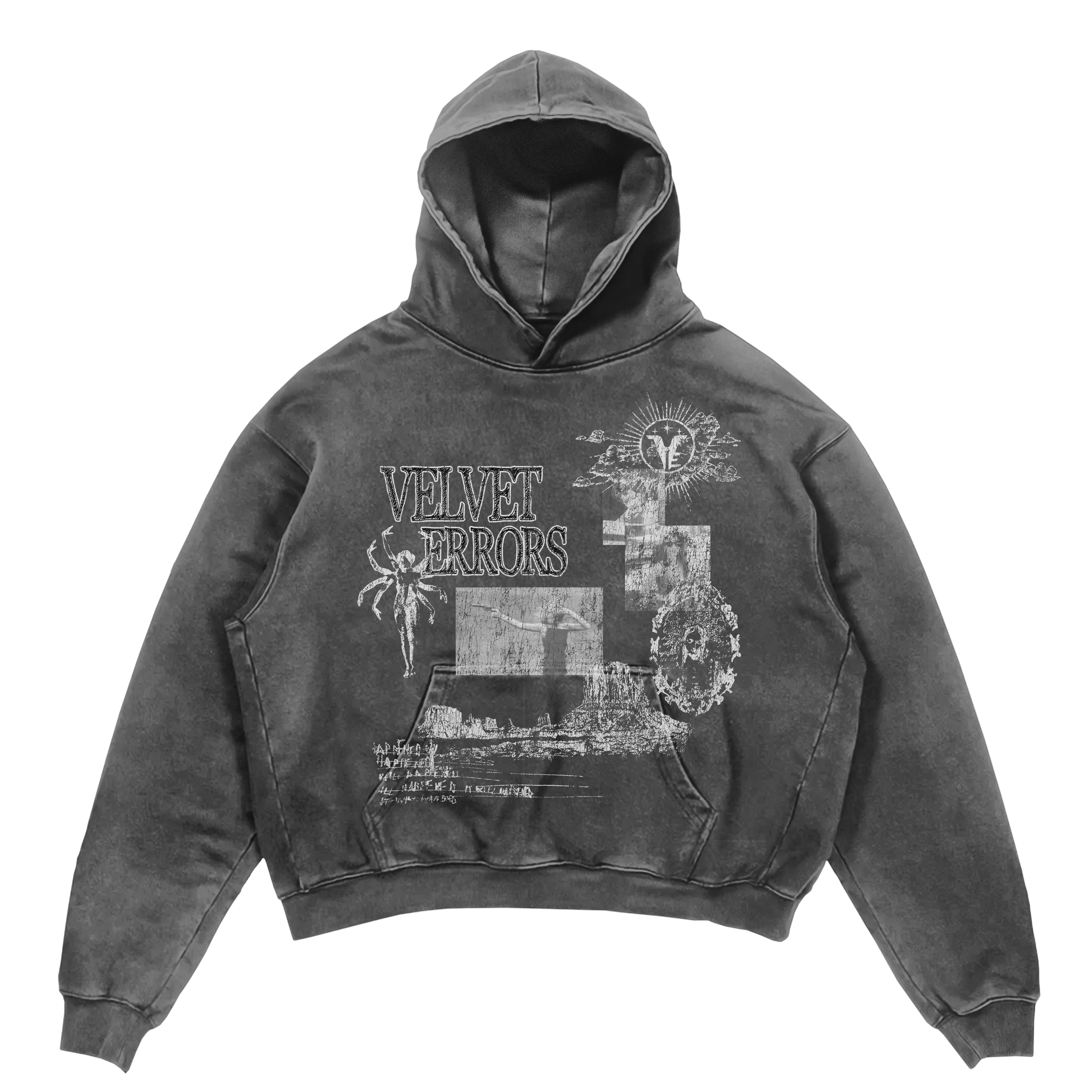 Grey Mirage Hoodie by Velvet Errors, shown with a relaxed fit and minimalist design, featuring a drawstring hood and soft fabric.
