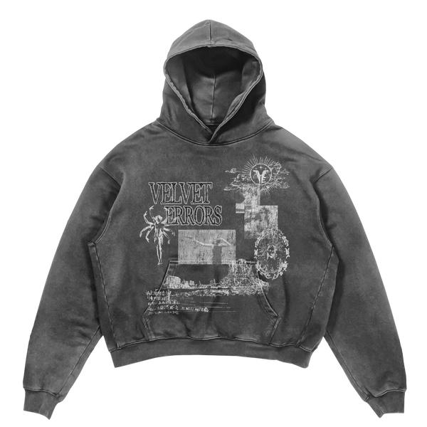 Grey Mirage Hoodie by Velvet Errors, shown with a relaxed fit and minimalist design, featuring a drawstring hood and soft fabric.