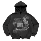 Mirage grey zip-up hoodie by Velvet Errors featuring a front zipper and casual fit, displayed on a plain background.