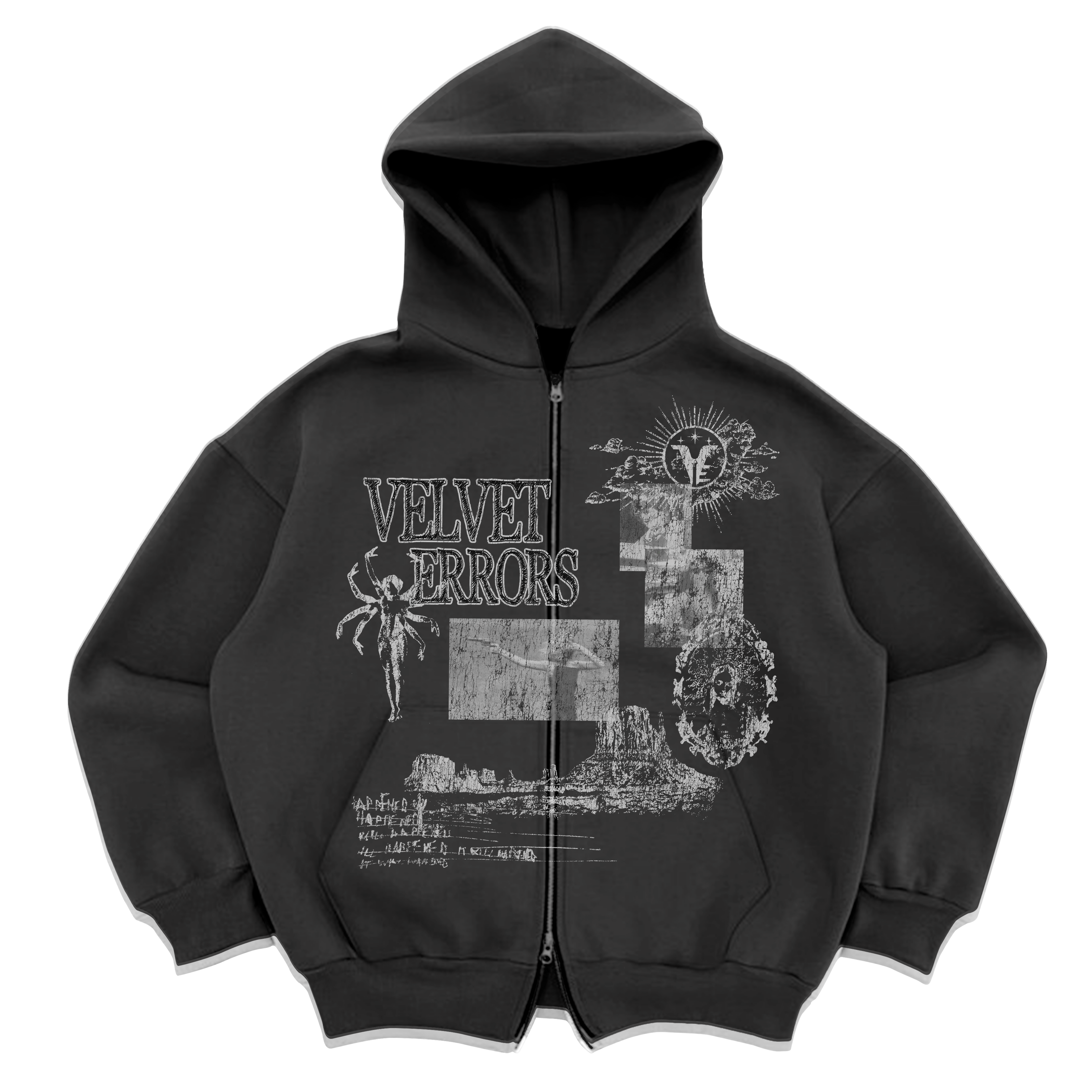Mirage grey zip-up hoodie by Velvet Errors featuring a front zipper and casual fit, displayed on a plain background.