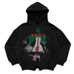 Black zip-up hoodie by Velvet Errors with front zipper and mock design, displayed on a hanger.