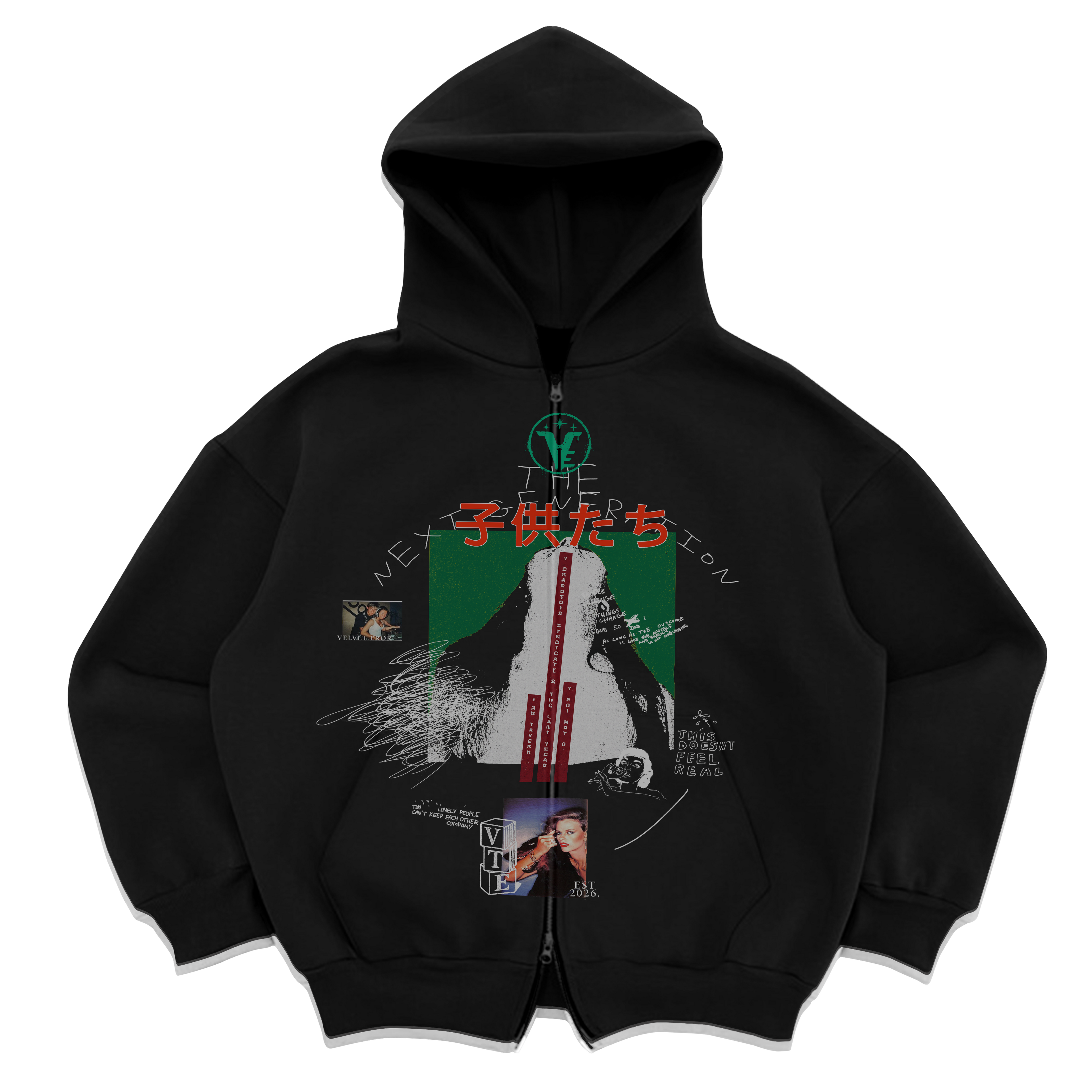 Black zip-up hoodie by Velvet Errors with front zipper and mock design, displayed on a hanger.