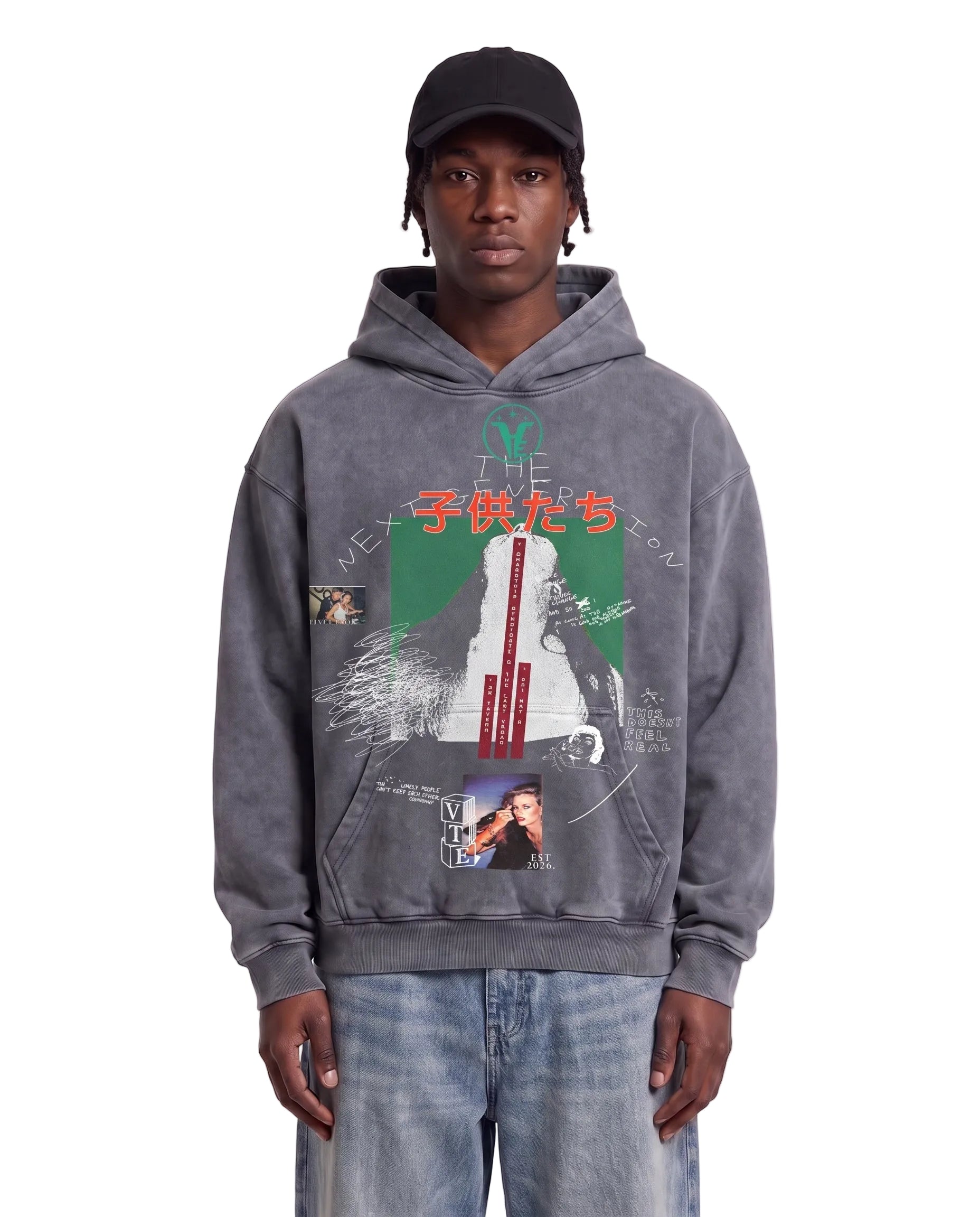 Velvet Errors Next Generation Hoodie in grey, shown on a model, featuring a relaxed fit and modern design.