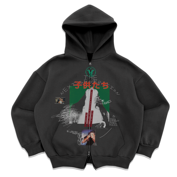 Gray zip-up hoodie from Velvet Errors with a front zipper, casual fit, and soft fabric, ideal for everyday wear.