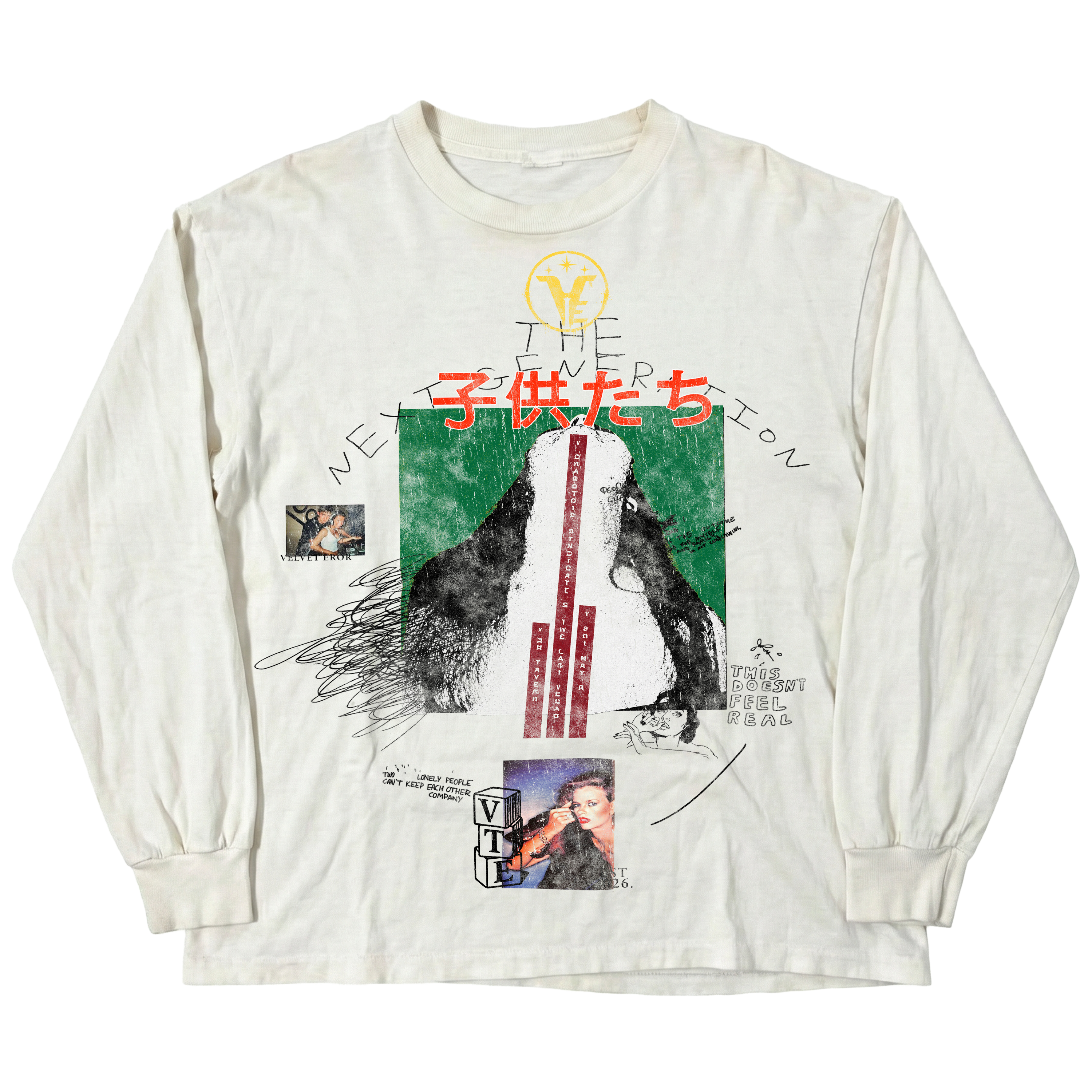 White Next Generation long sleeve shirt by Velvet Errors, shown flat with a smooth fabric texture and simple design.