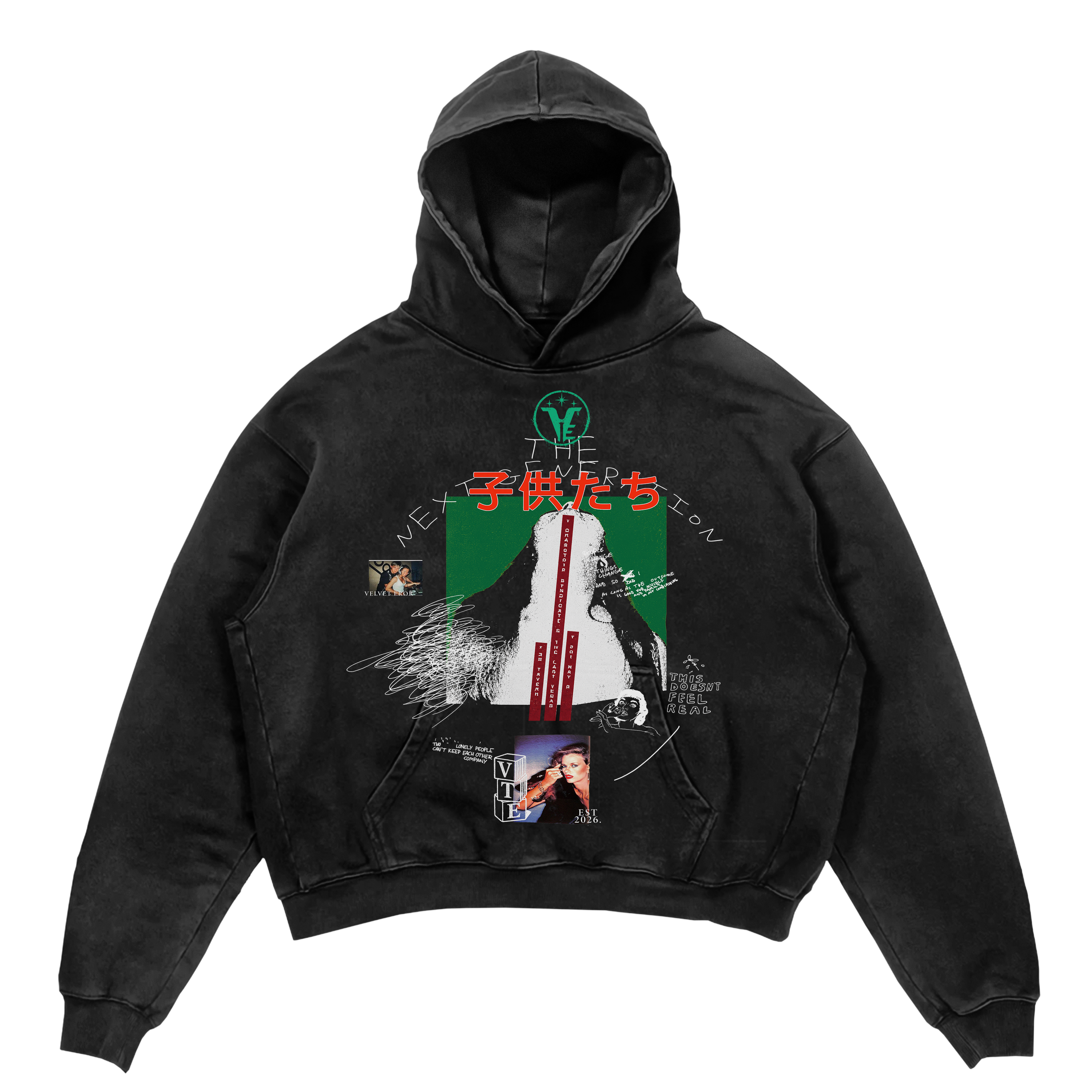 Black Velvet Errors Next Generation Hoodie with front pocket and hood, casual streetwear style.