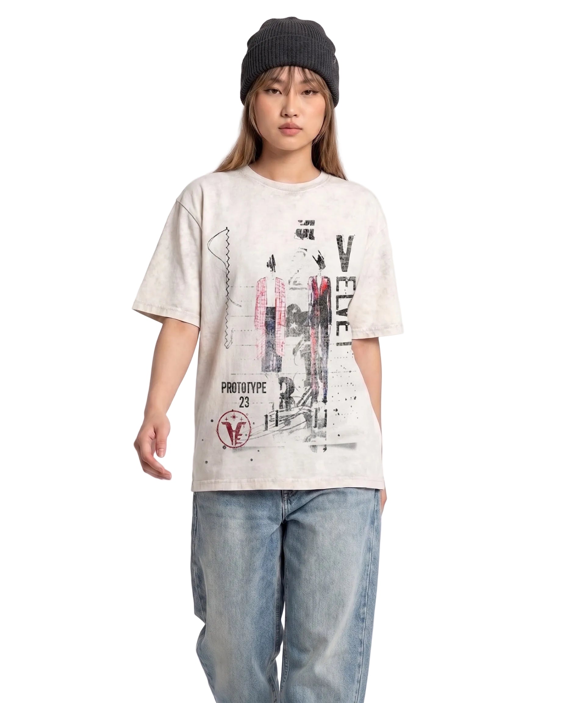 White Prototype 23 Wash Tee by Velvet Errors displayed on a model, showcasing the relaxed fit and soft fabric texture.