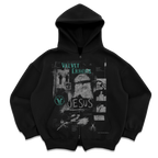 Black zip-up hoodie from Velvet Errors with front zipper and mock design, displayed on a plain background.