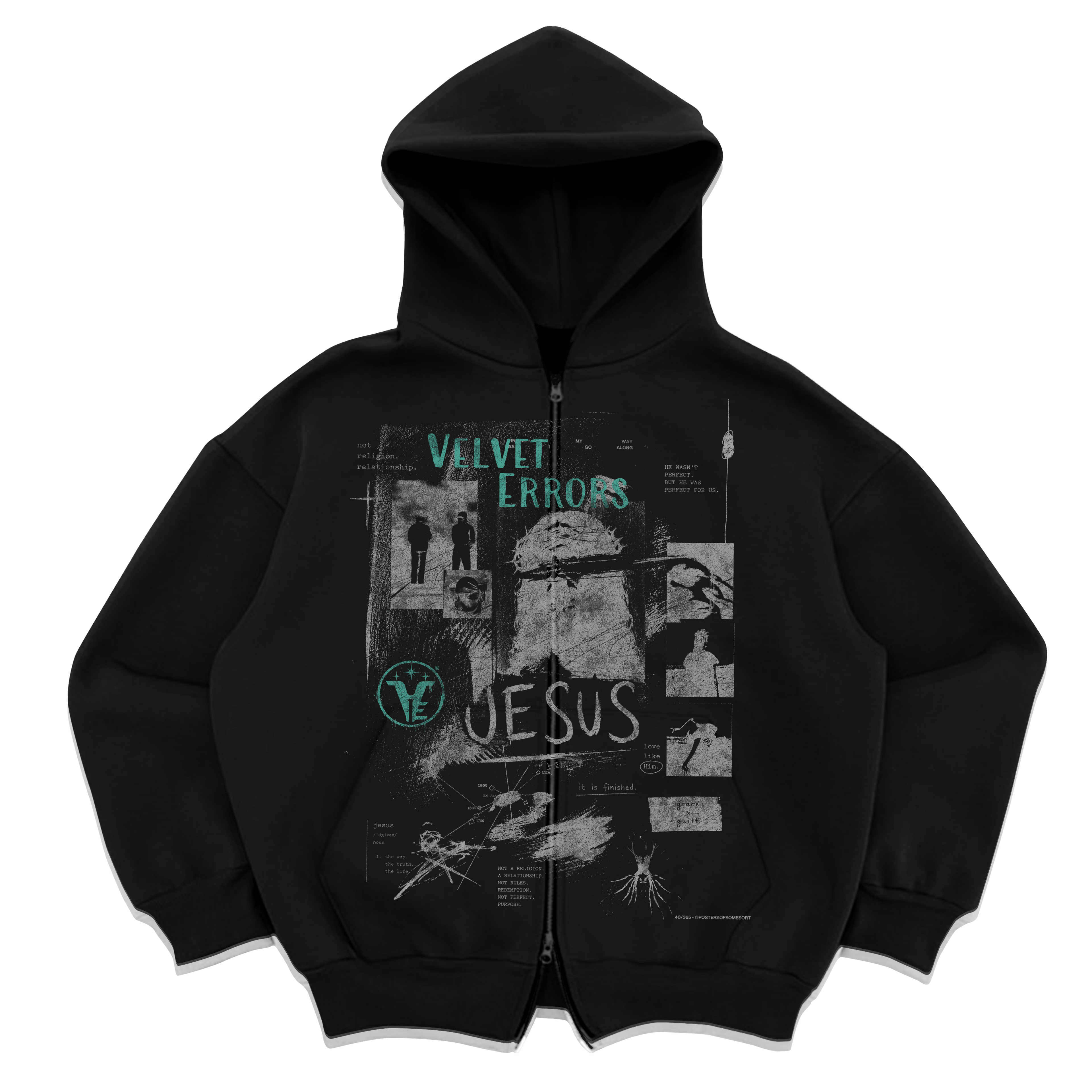 Black zip-up hoodie from Velvet Errors with front zipper and mock design, displayed on a plain background.