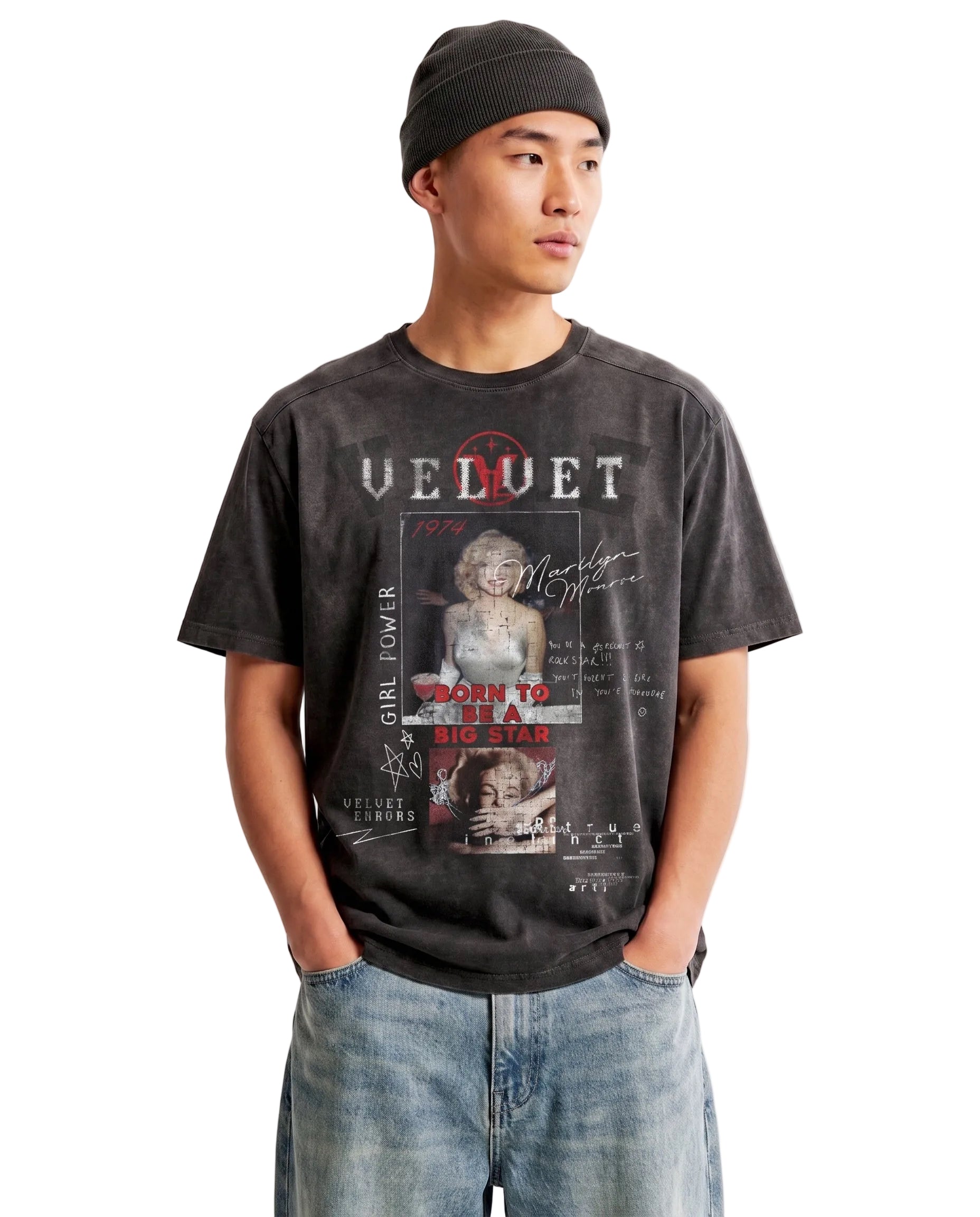 Velvet Errors Rockstar Wash Tee in black, featuring a casual fit and graphic design, displayed on a model posing confidently.