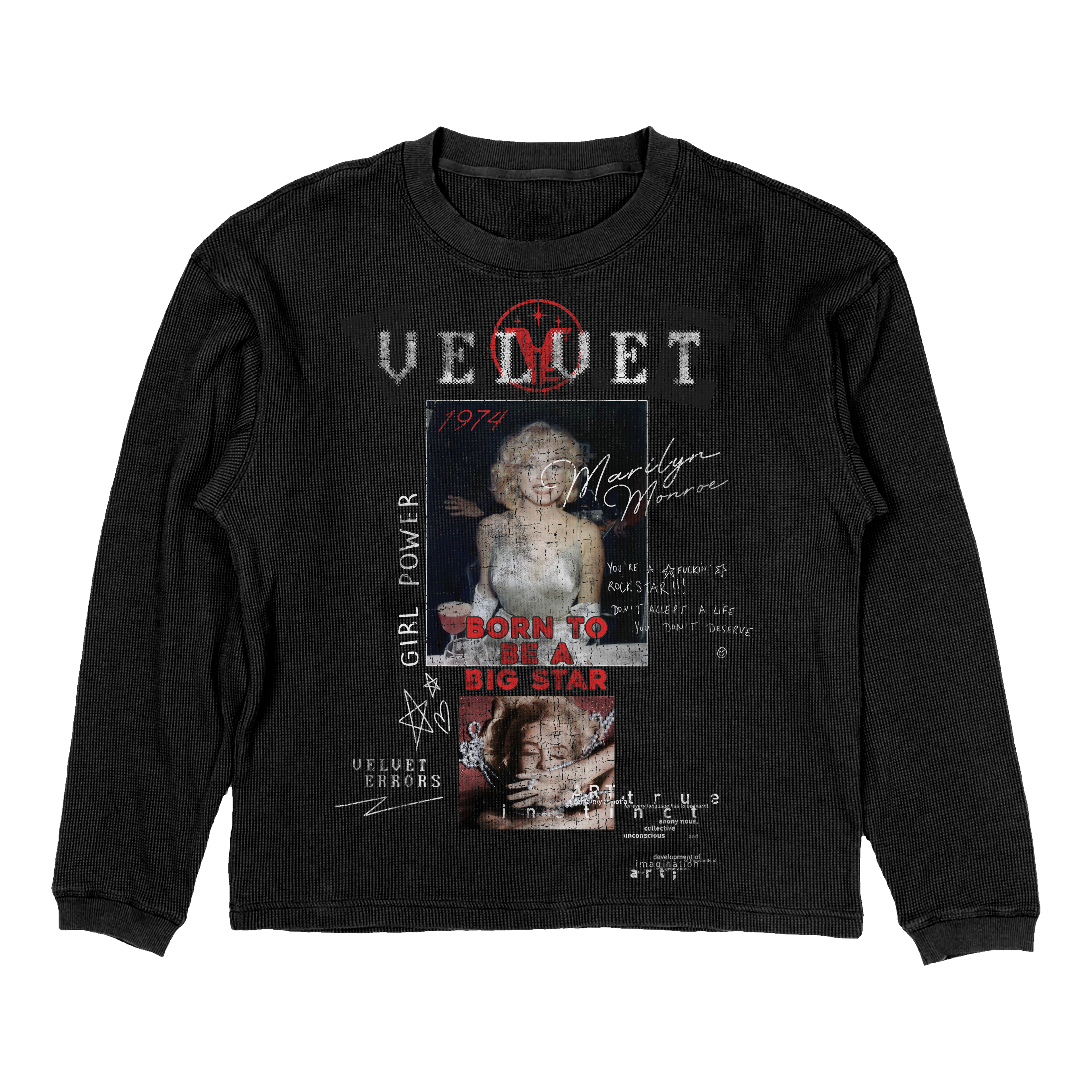 Black thermal mockup from Velvet Errors featuring a Rockstar design, showcasing the fabric texture and detailed graphic print.