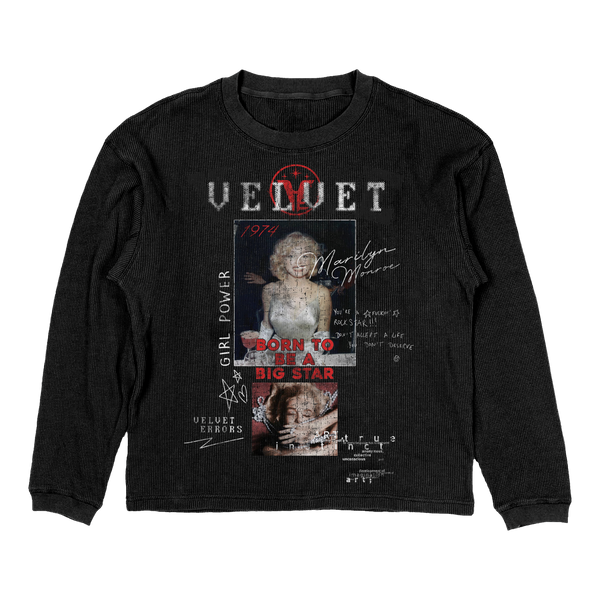 Black thermal mockup from Velvet Errors featuring a Rockstar design, showcasing the fabric texture and detailed graphic print.