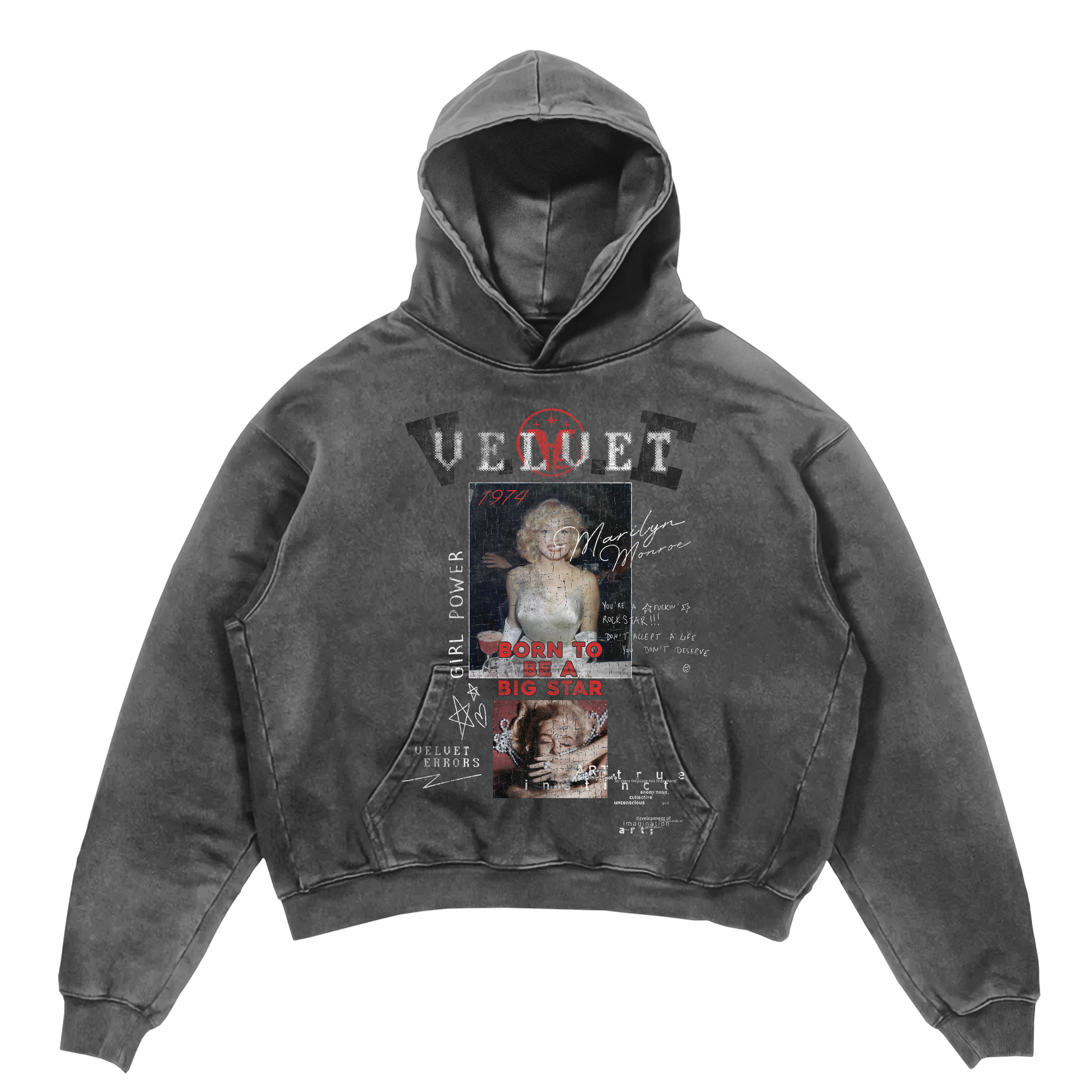 Velvet Errors Rockstar hoodie in grey with front graphic design, casual fit, soft fabric, and hooded style.