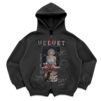 Velvet Errors rockstar grey zip-up hoodie with front zipper, casual style, shown in the image.