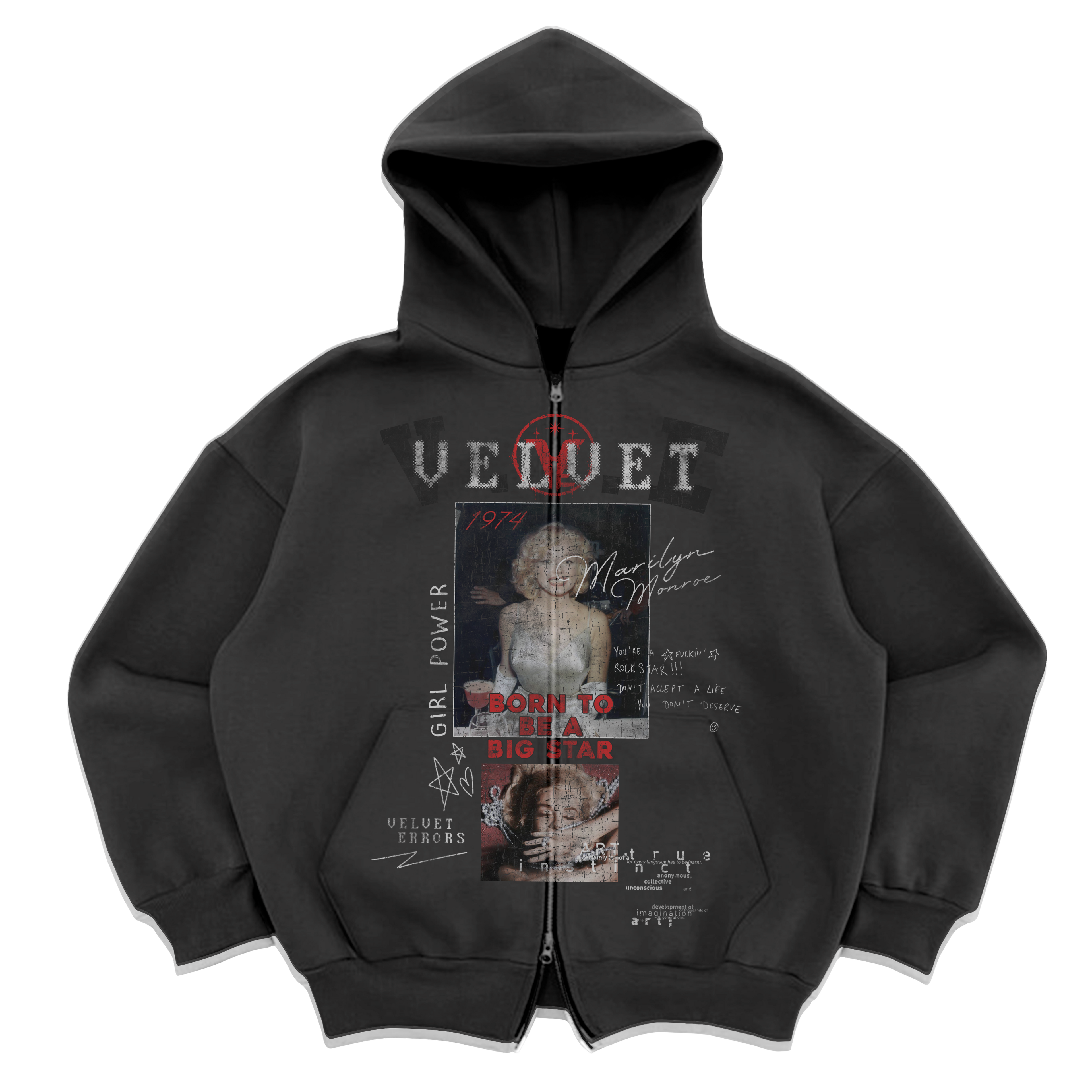 Velvet Errors rockstar grey zip-up hoodie with front zipper, casual style, shown in the image.