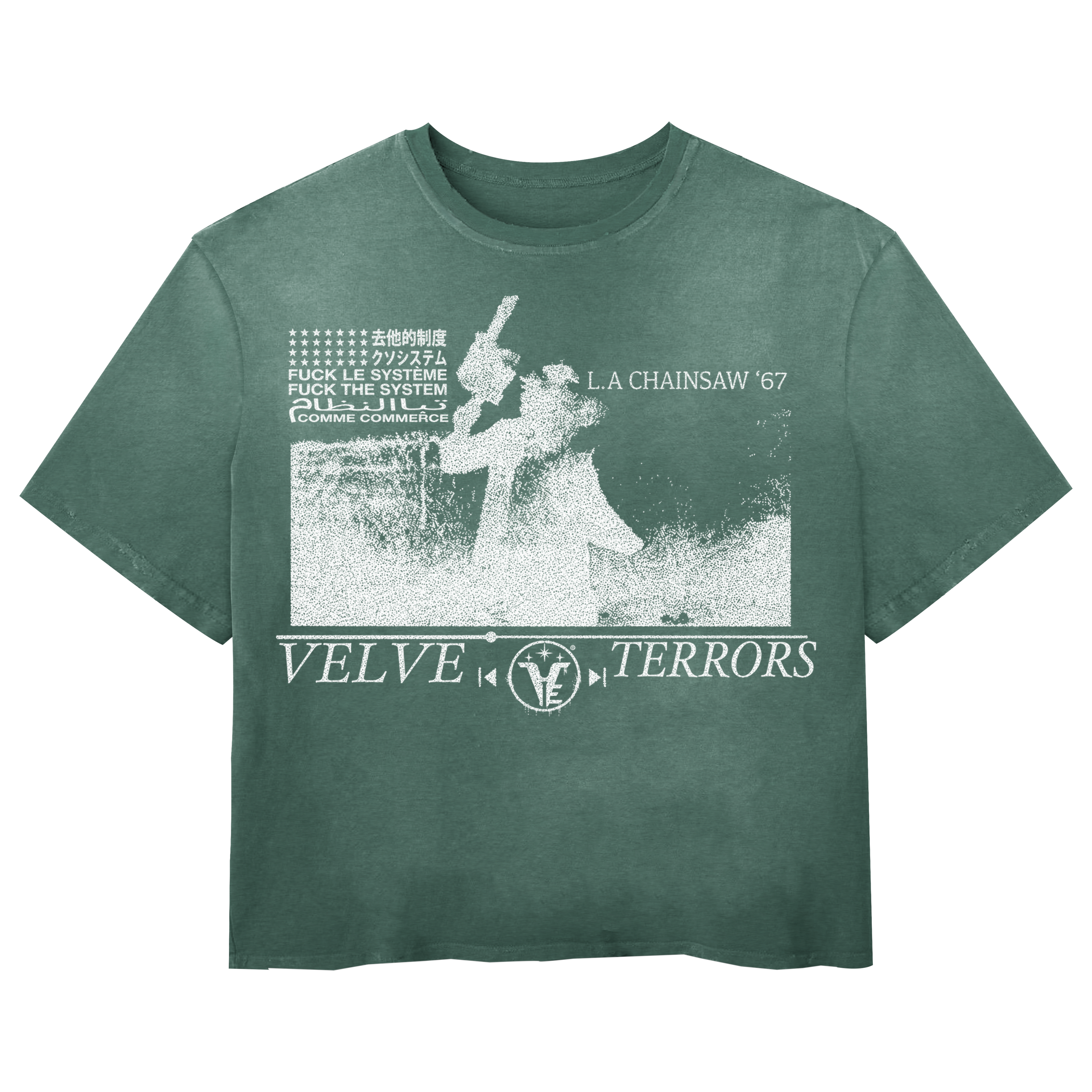 Green Terrors Wash Tee by Velvet Errors featuring a graphic print on the front, casual fit, and soft fabric.