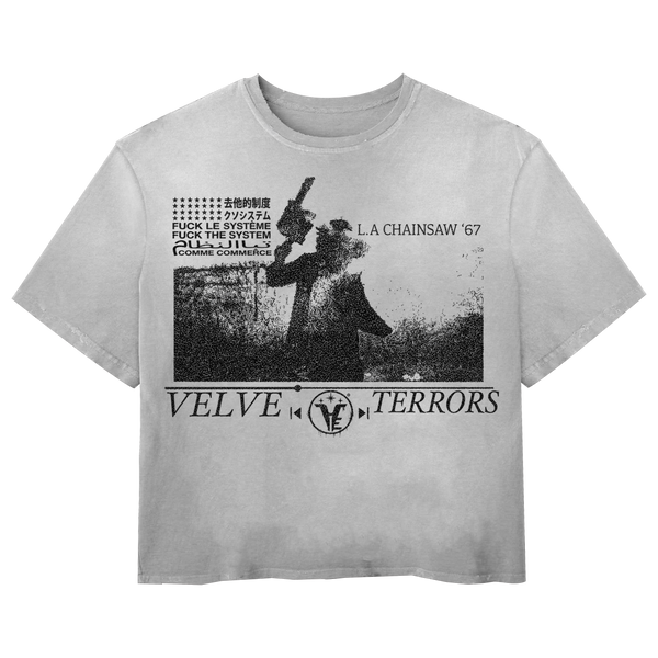 White Terrors Wash Tee by Velvet Errors featuring a graphic design on the front, casual fit, and soft fabric.