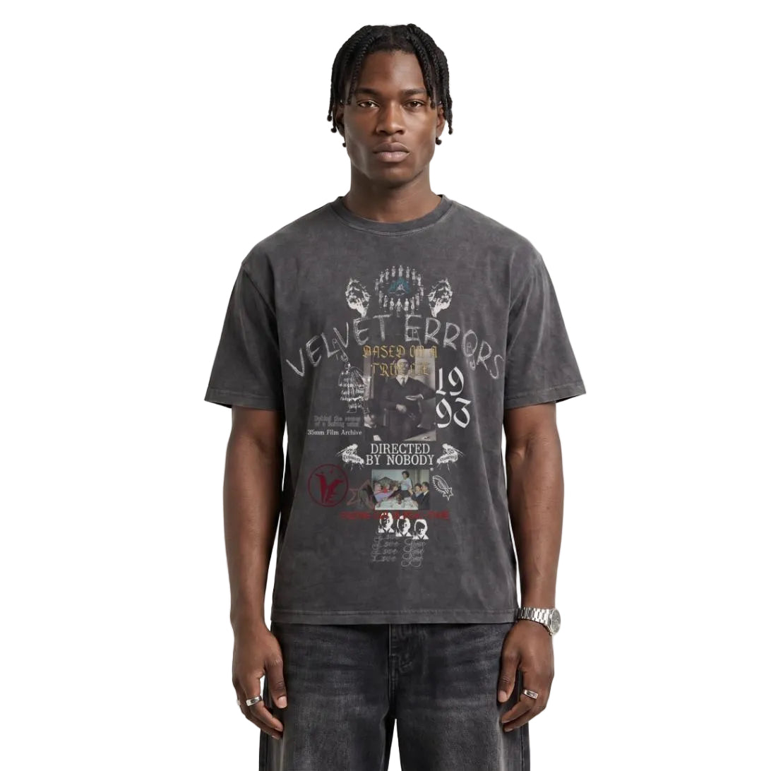 Black True Lies Wash Tee by Velvet Errors displayed on a model, showcasing a casual fit and graphic design on the front.
