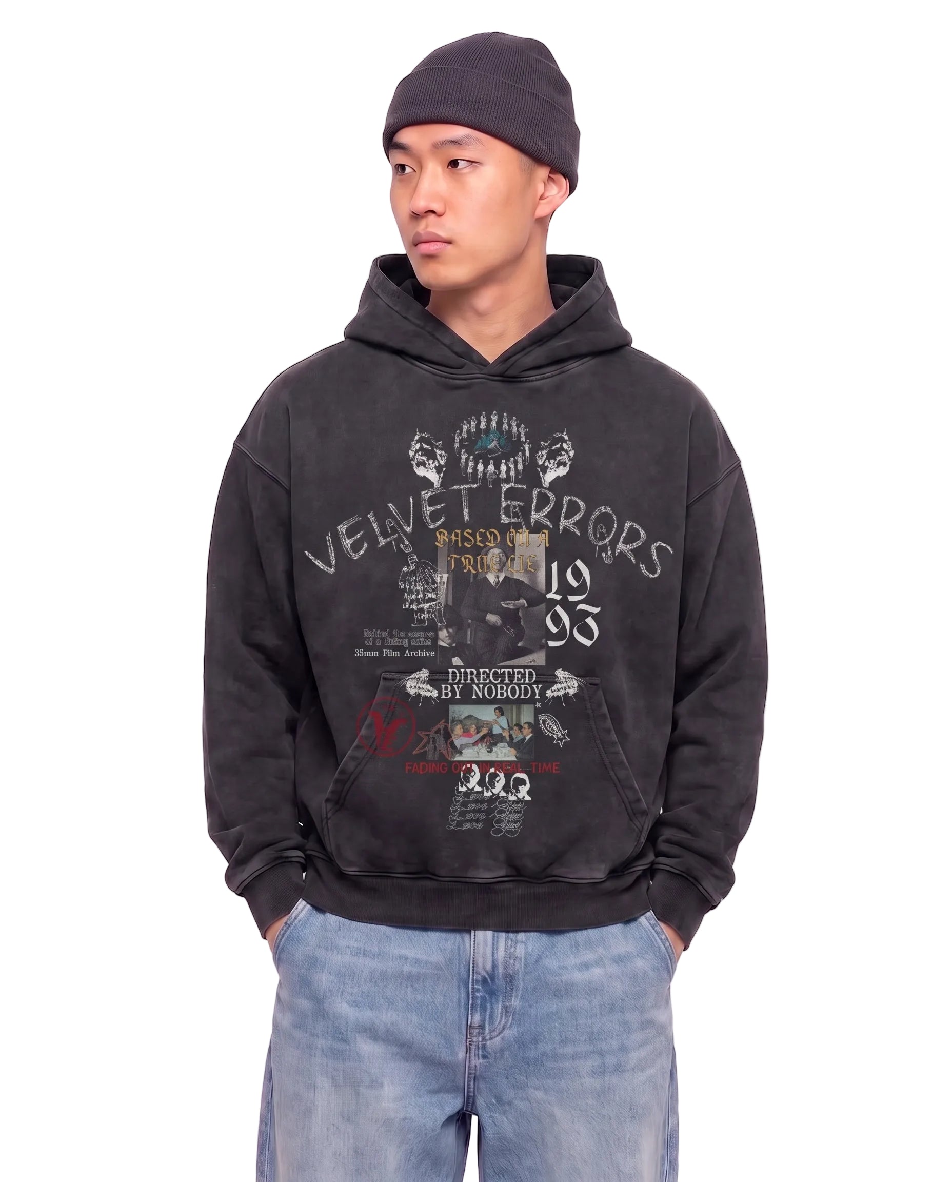 Black Velvet Errors True Lies hoodie displayed on a mannequin, showing front view with logo and casual fit.