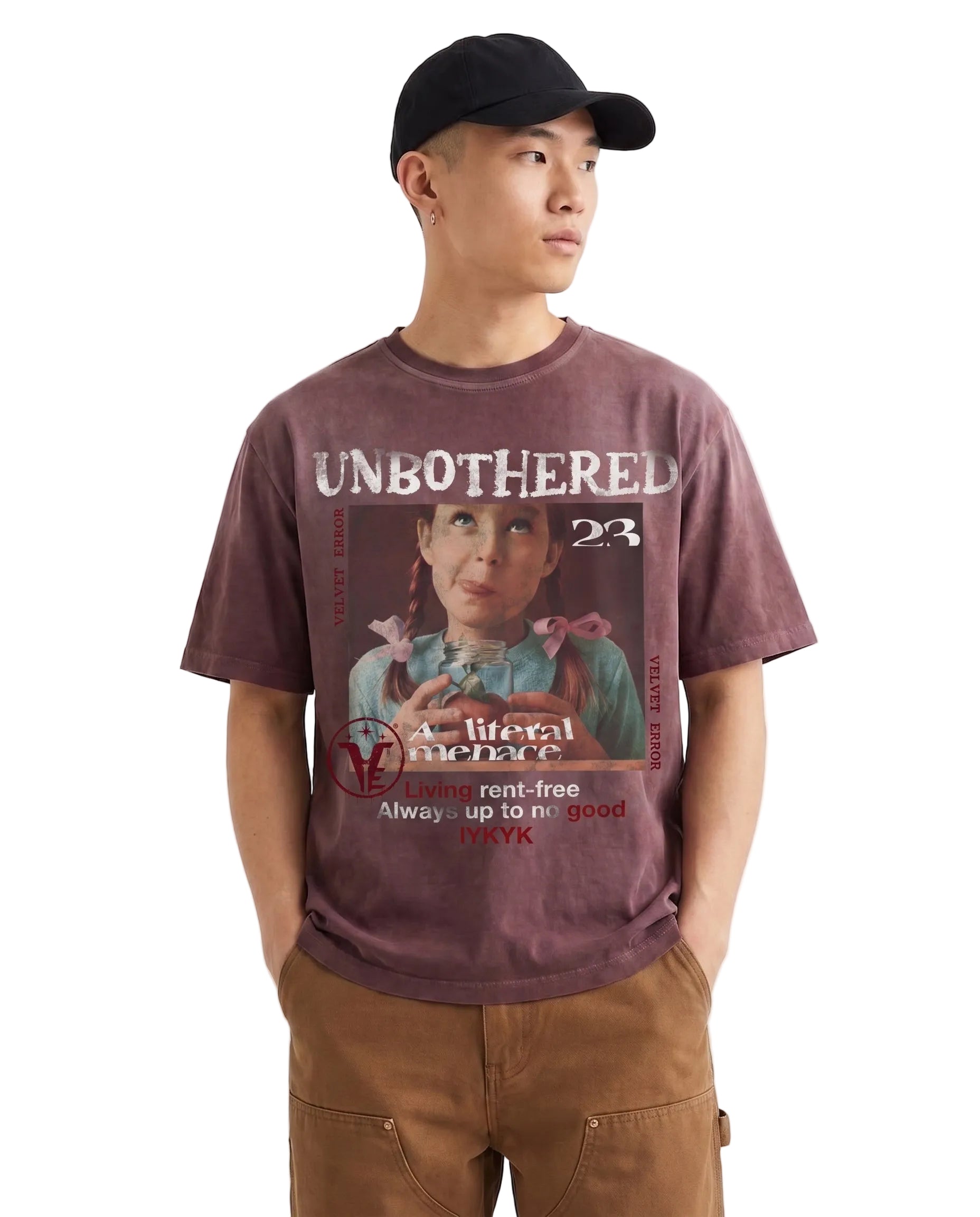 Red Unbothered Wash Tee by Velvet Errors displayed on a model, showcasing a relaxed fit and casual style.