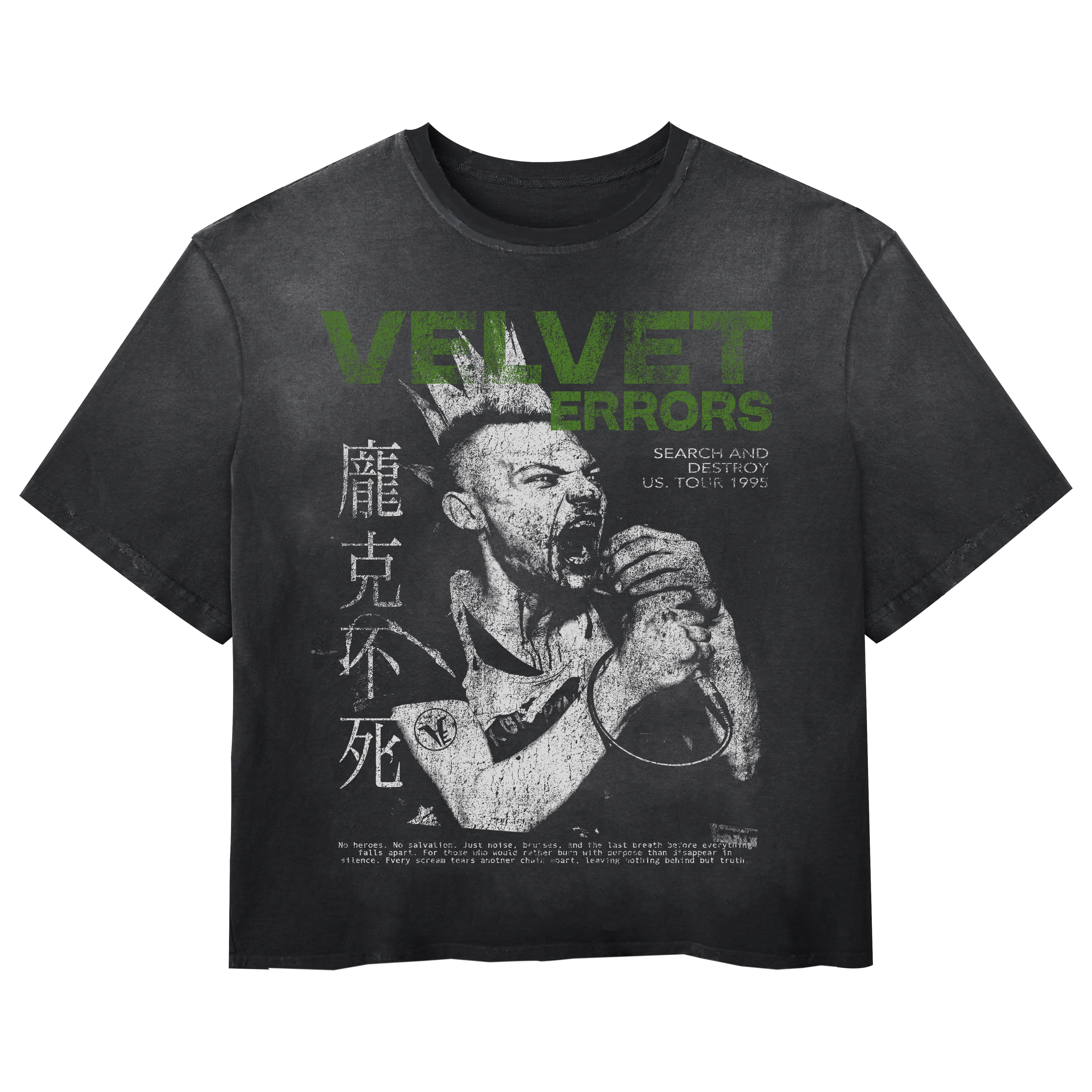 Search & Destroy Wash Tee by Velvet Errors, with graphic print on soft cotton fabric, displayed on a white background.