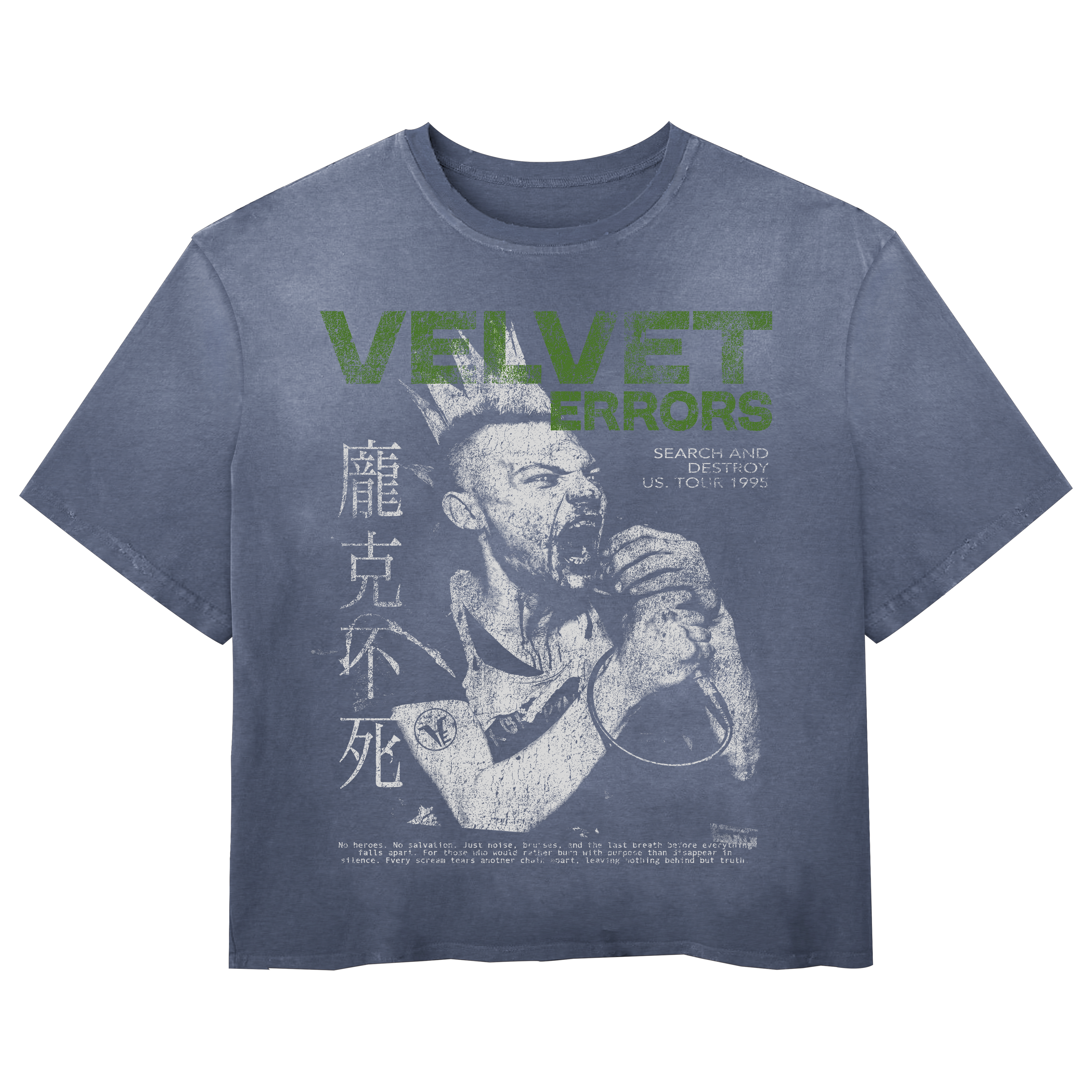 Search & Destroy Wash Tee by Velvet Errors, featuring a casual black graphic t-shirt with distressed detailing and bold printed design.