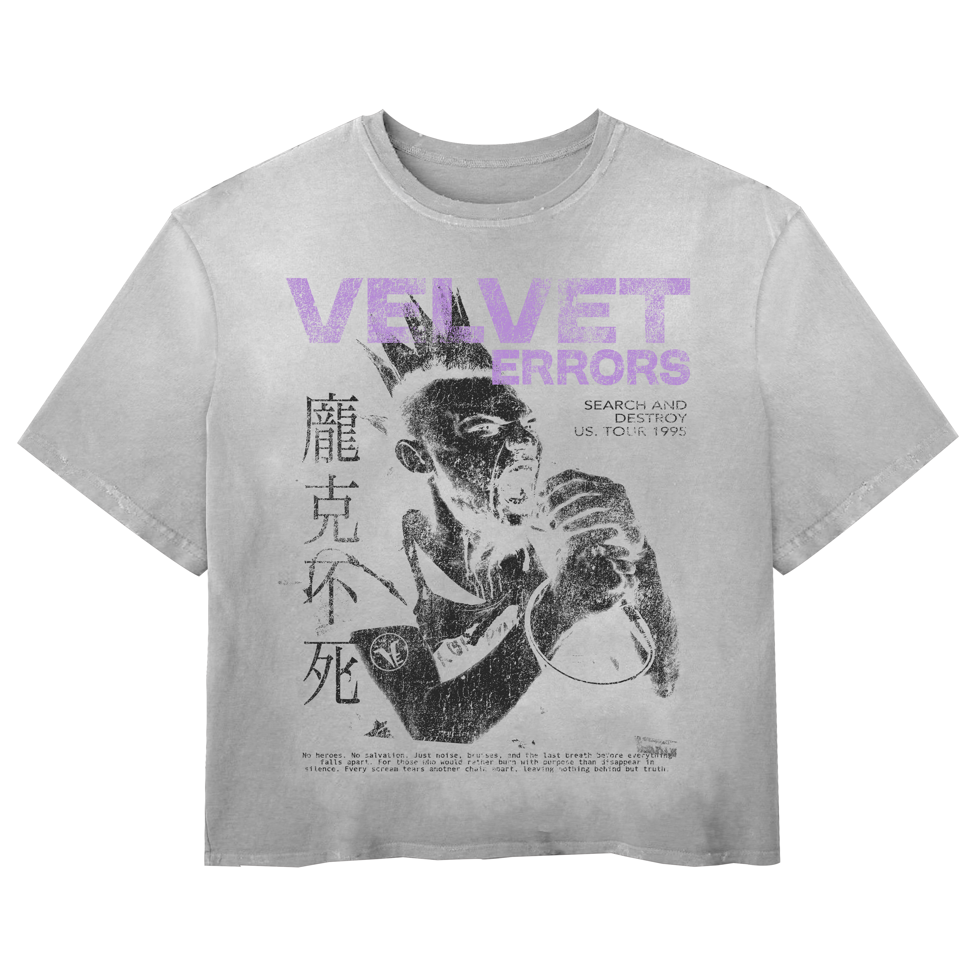 Velvet Errors Search & Destroy Wash Tee displayed on a hanger, featuring a graphic print on a casual cotton t-shirt.