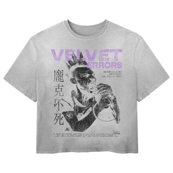Velvet Errors Search & Destroy Wash Tee displayed on a hanger, featuring a graphic print on a casual cotton t-shirt.