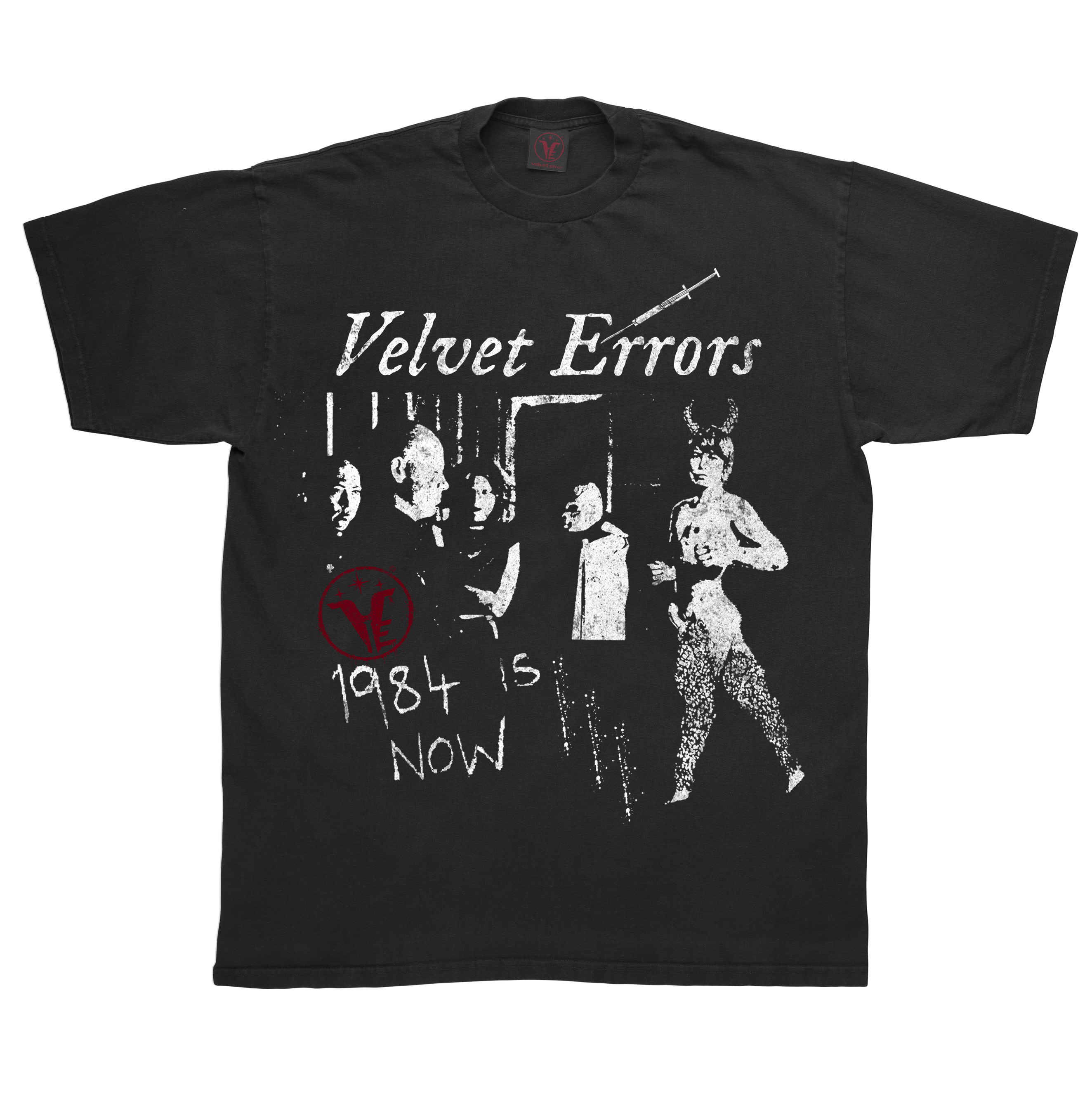Black 1984 T-shirt by Velvet Errors featuring bold graphic print on the front, casual fit, and soft cotton fabric.