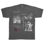 Black Decay Tee by Velvet Errors featuring a distressed graphic design on soft cotton fabric.