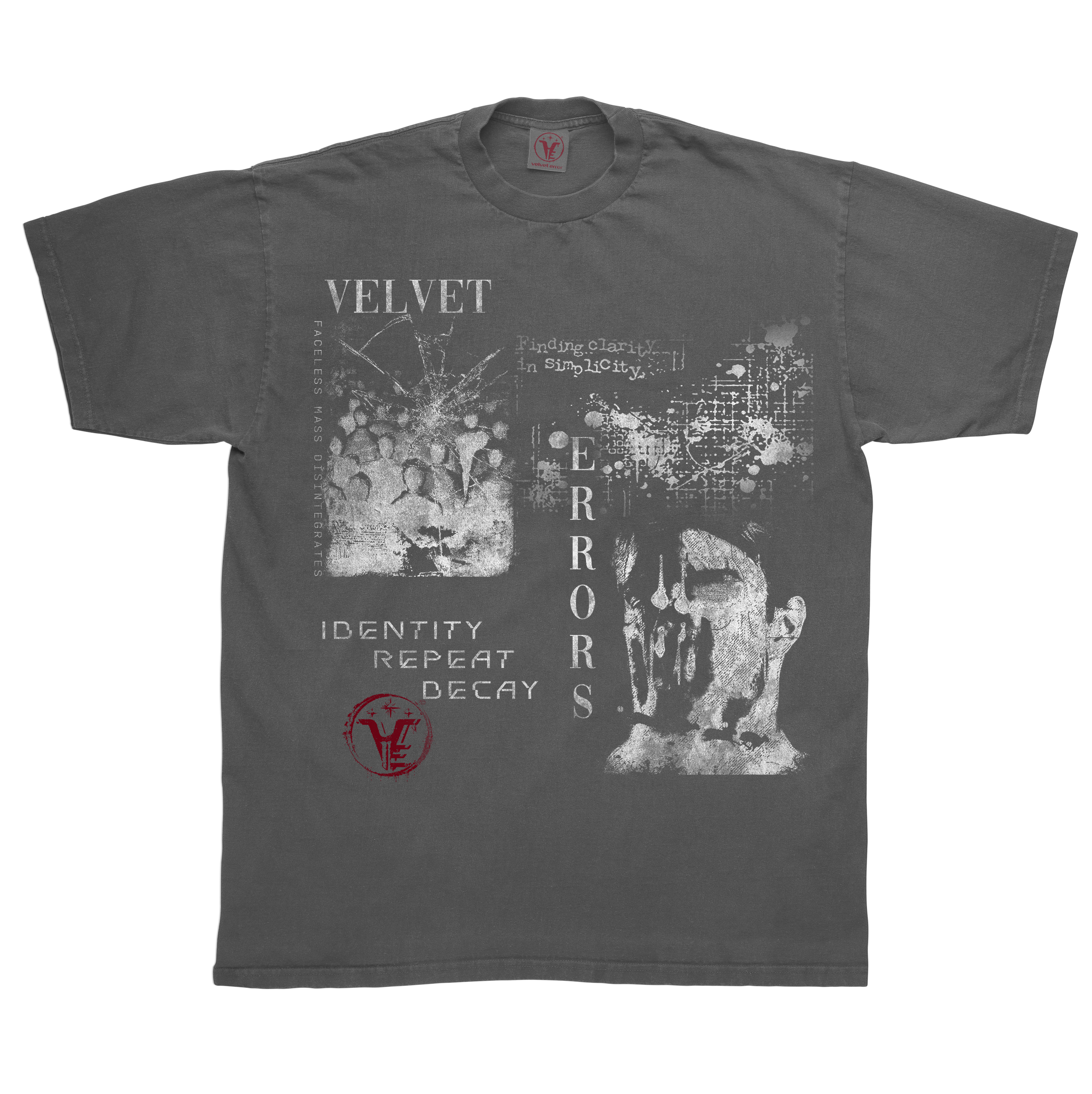 Black Decay Tee by Velvet Errors featuring a distressed graphic design on soft cotton fabric.