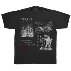 Black Decay Tee by Velvet Errors featuring a distressed graphic design on soft cotton fabric.