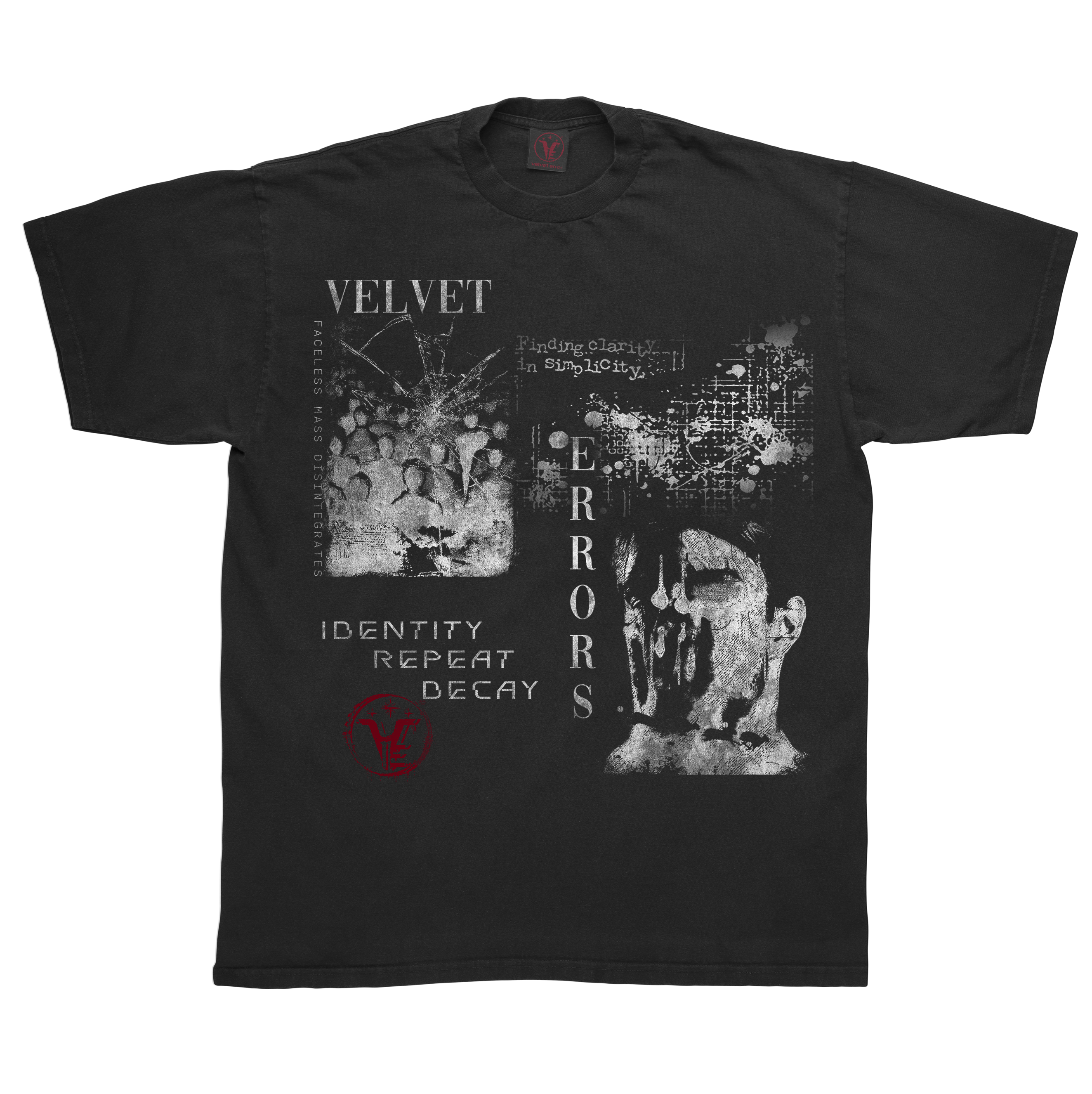 Black Decay Tee by Velvet Errors featuring a distressed graphic design on soft cotton fabric.