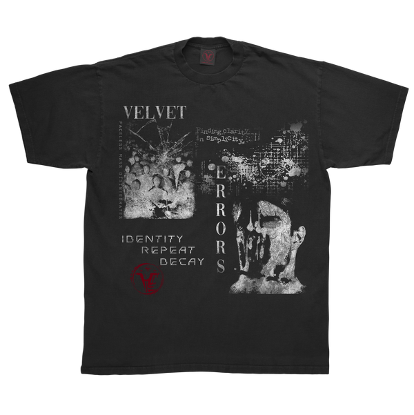Black Decay Tee by Velvet Errors featuring a distressed graphic design on soft cotton fabric.
