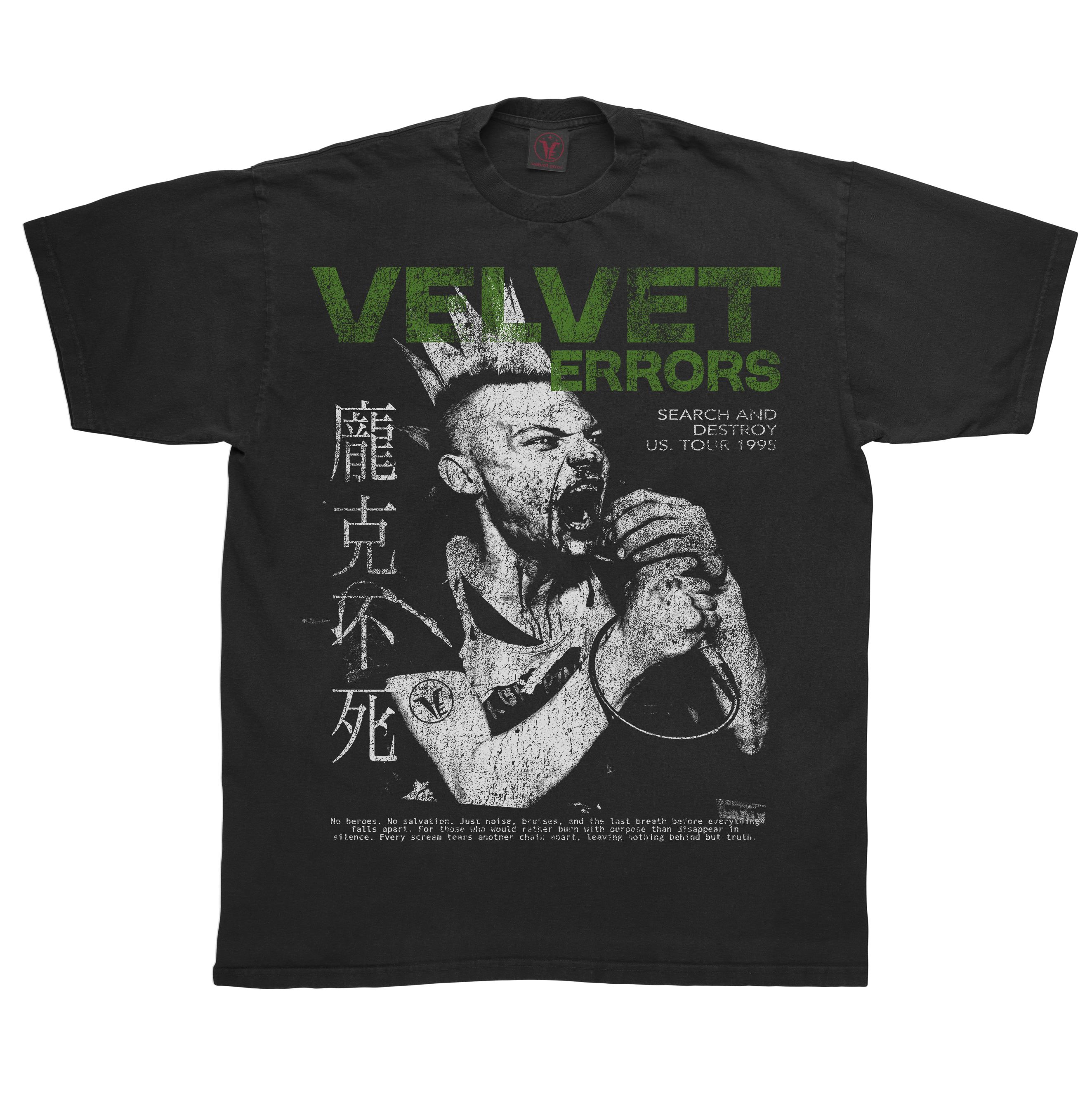 Black Search & Destroy T-shirt by Velvet Errors featuring bold graphic print on the front.