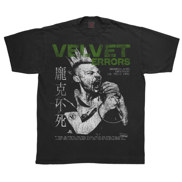 Black Search & Destroy T-shirt by Velvet Errors featuring bold graphic print on the front.