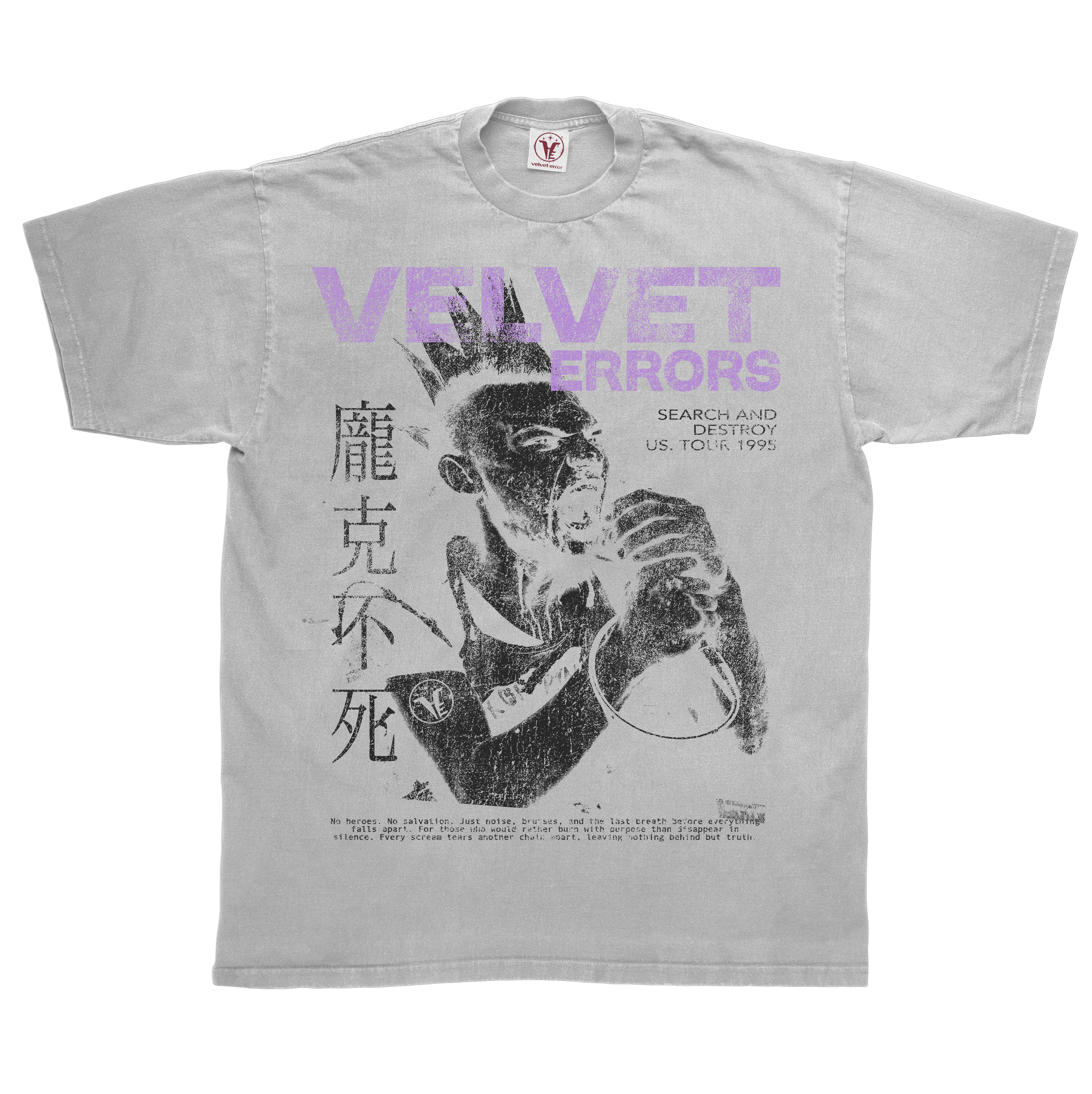 Black Search & Destroy T-shirt by Velvet Errors, showcasing a casual fit and graphic design on soft cotton fabric.