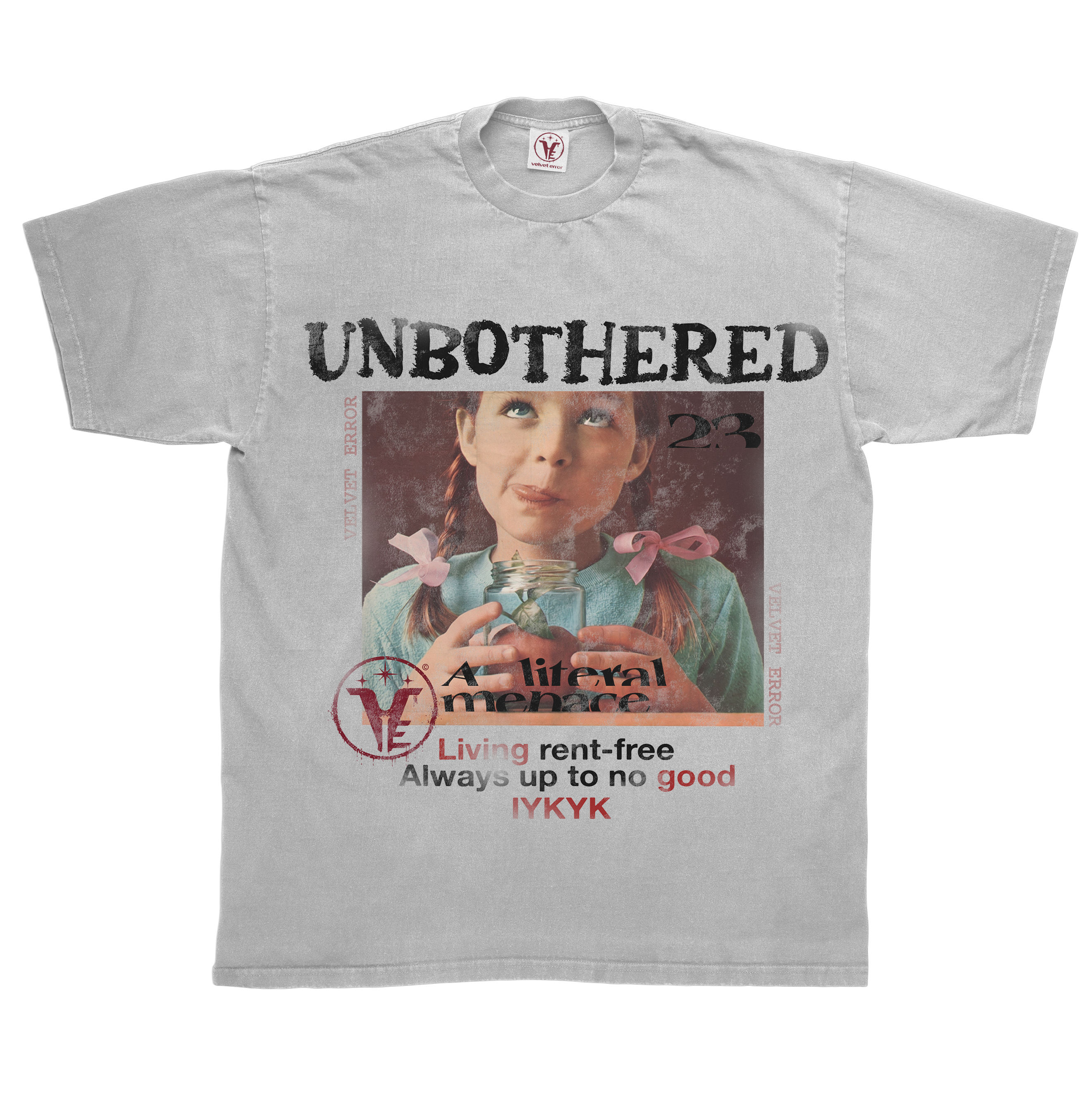 Black Velvet Errors Unbothered T-shirt with bold text design on front, casual fit, soft fabric, perfect for everyday wear.