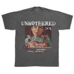Black Velvet Errors Unbothered T-shirt displayed on a hanger with a relaxed fit and simple design.