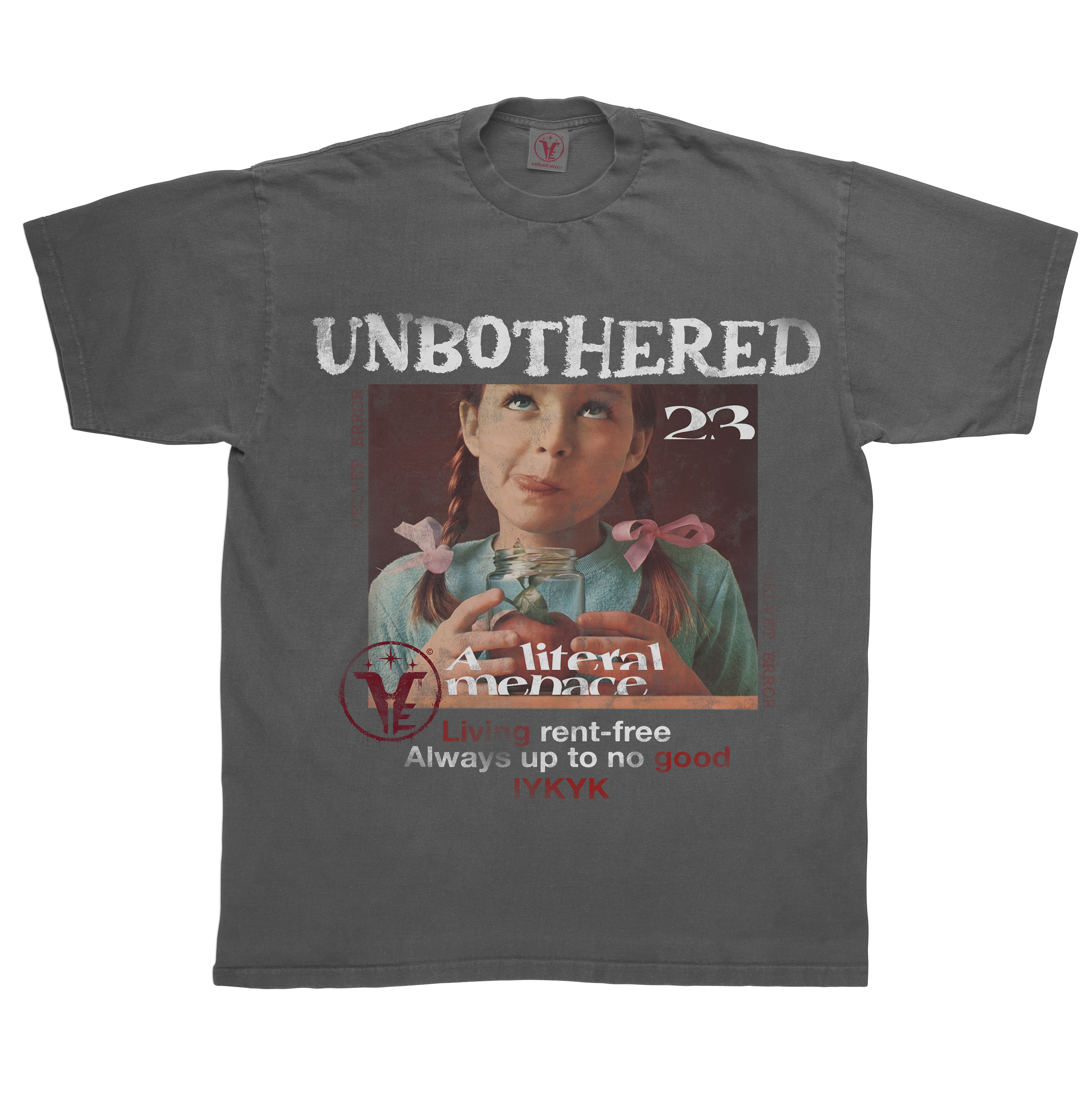 Black Velvet Errors Unbothered T-shirt displayed on a hanger with a relaxed fit and simple design.