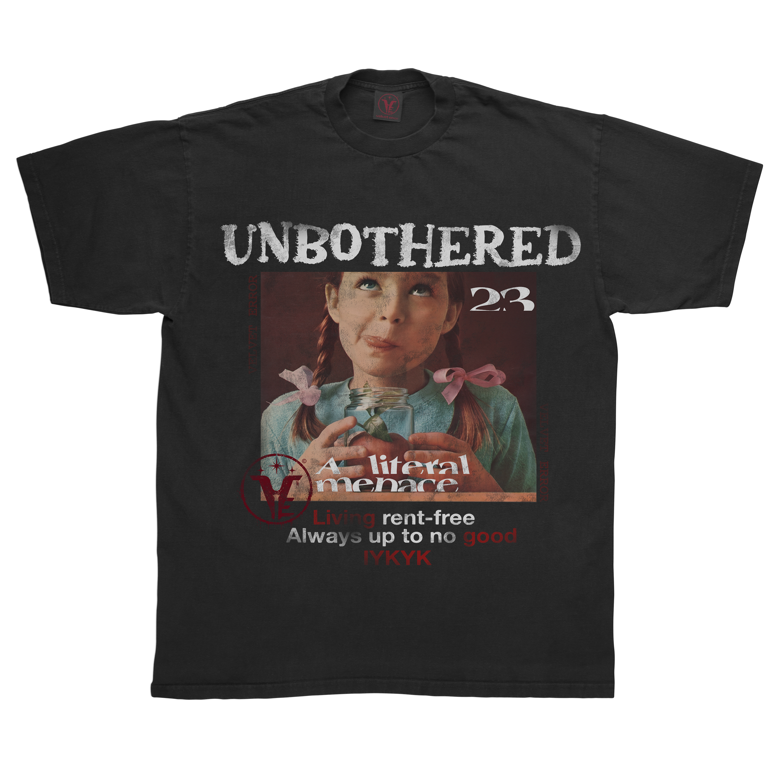 Black Velvet Errors Unbothered T-shirt with bold text design on front, casual unisex fit, soft cotton fabric.