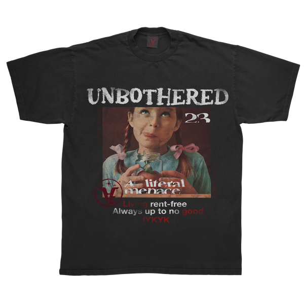 Black Velvet Errors Unbothered T-shirt with bold text design on front, casual unisex fit, soft cotton fabric.