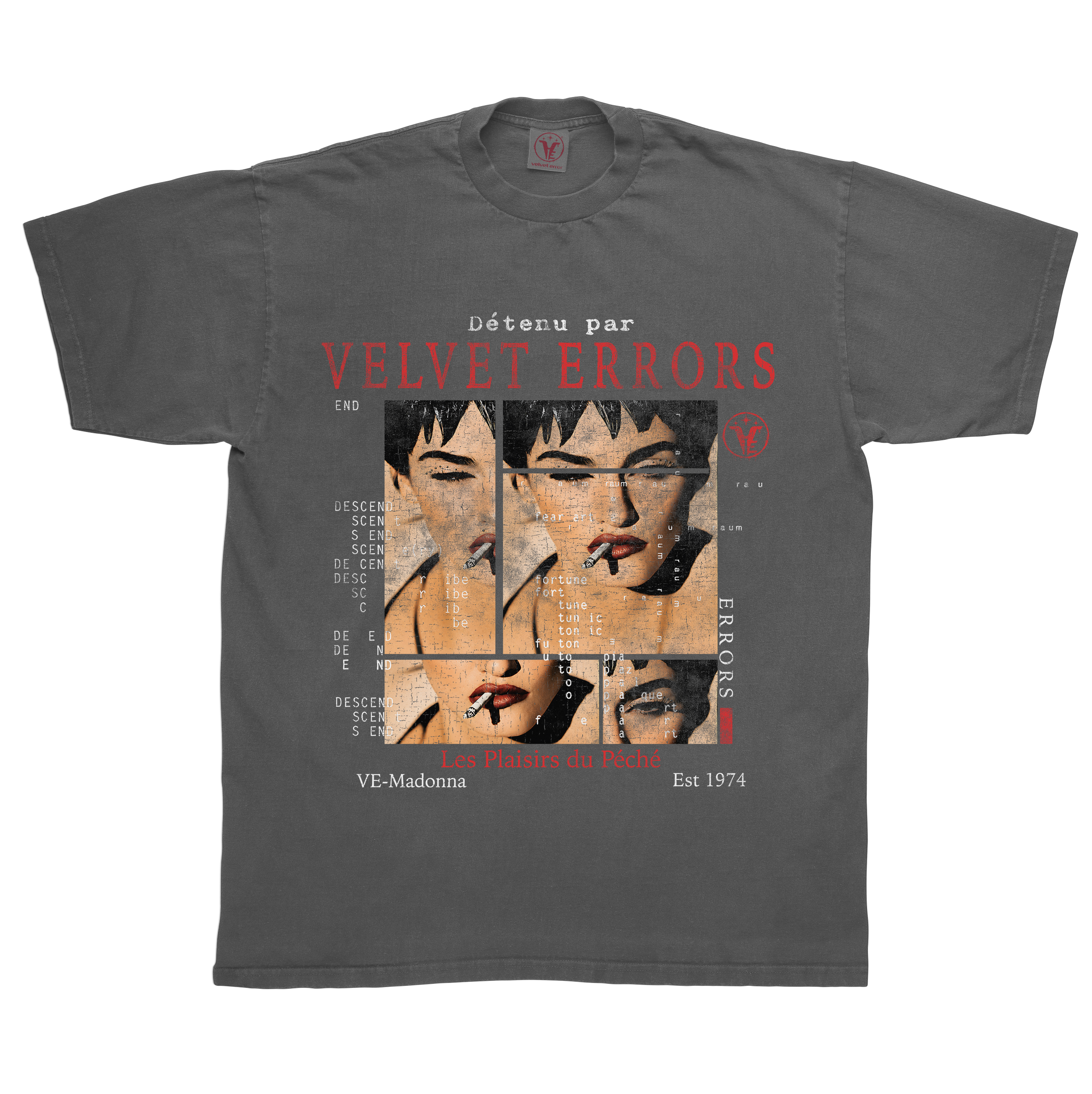 Gray Madonna T-shirt by Velvet Errors featuring a classic Madonna graphic design on soft cotton fabric.